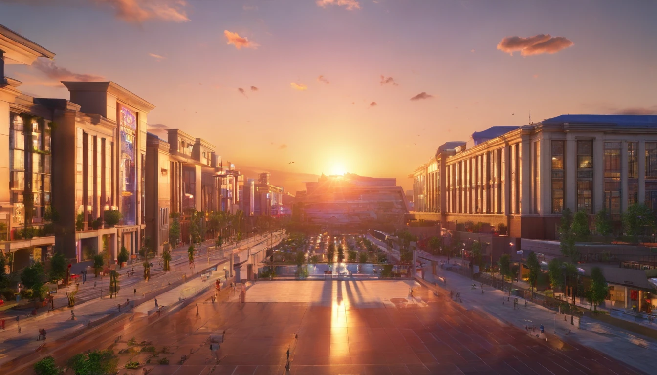 Sunset, city, mall, long-haired girl
