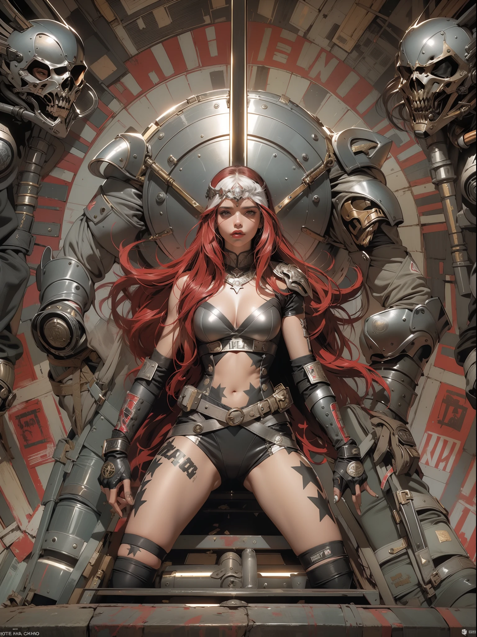 (((mulher))), (((melhor qualidade))), (((obra prima))), (((adulto))), (((1girl))), ((( corte de cabelo moicano ))), Uma gladiadora cyberpunk mulher de 25 anos com corpo perfeito, alien armor, h.r. Estilo Giger, shoulder pads with metal spines, Gladiadores do Brooklyn, (( corte de cabelo moicano )), tiny leather panties, camiseta de time de rugby rasgada, quase nua no estilo selvagem urbano de Simon Bisley para a capa da revista Heavy Metal, Cabelo loiro curto, Minimum clothing, Metal protection on the left arm with intricate graphics, Dark red with white stars and black and white checkerboard pattern, armadura, cheio de pontas e rebites, (((do joelho pra cima))), cabelos loiro branco curto, no fundo uma parede pintada por Shepard Fairey com um design intrincado