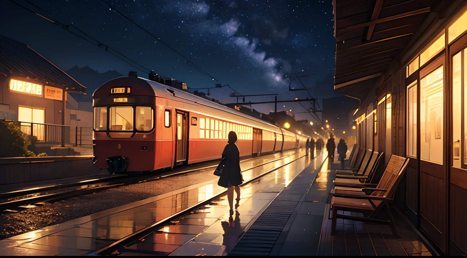 High quality masterpiece ,scenecy,Anime train passing through bodies of water on tracks, Glittering starry sky。Romantic train,Pisif,concept-art,Lofi art style,Reflectors。 By Makoto Shinkai, Lofi art, beautiful anime scenes, Anime landscapes, Detailed scenery —width 672, in the style of makoto shinkai, Makoto Shinkai's style,Detail enhancement