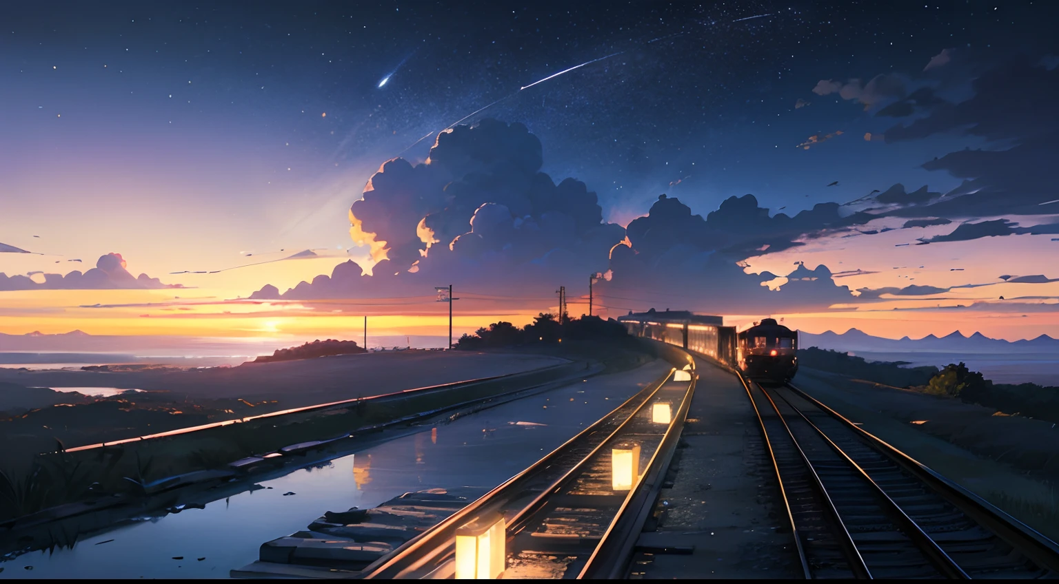 High quality masterpiece ，scenecy，Anime train passing through bodies of water on tracks， Glittering starry sky。Romantic train，Pisif，concept-art，Lofi art style，Reflectors。 By Makoto Shinkai, Lofi art, beautiful anime scenes, Anime landscapes, Detailed scenery —width 672, in the style of makoto shinkai, Makoto Shinkai's style，Detail enhancement