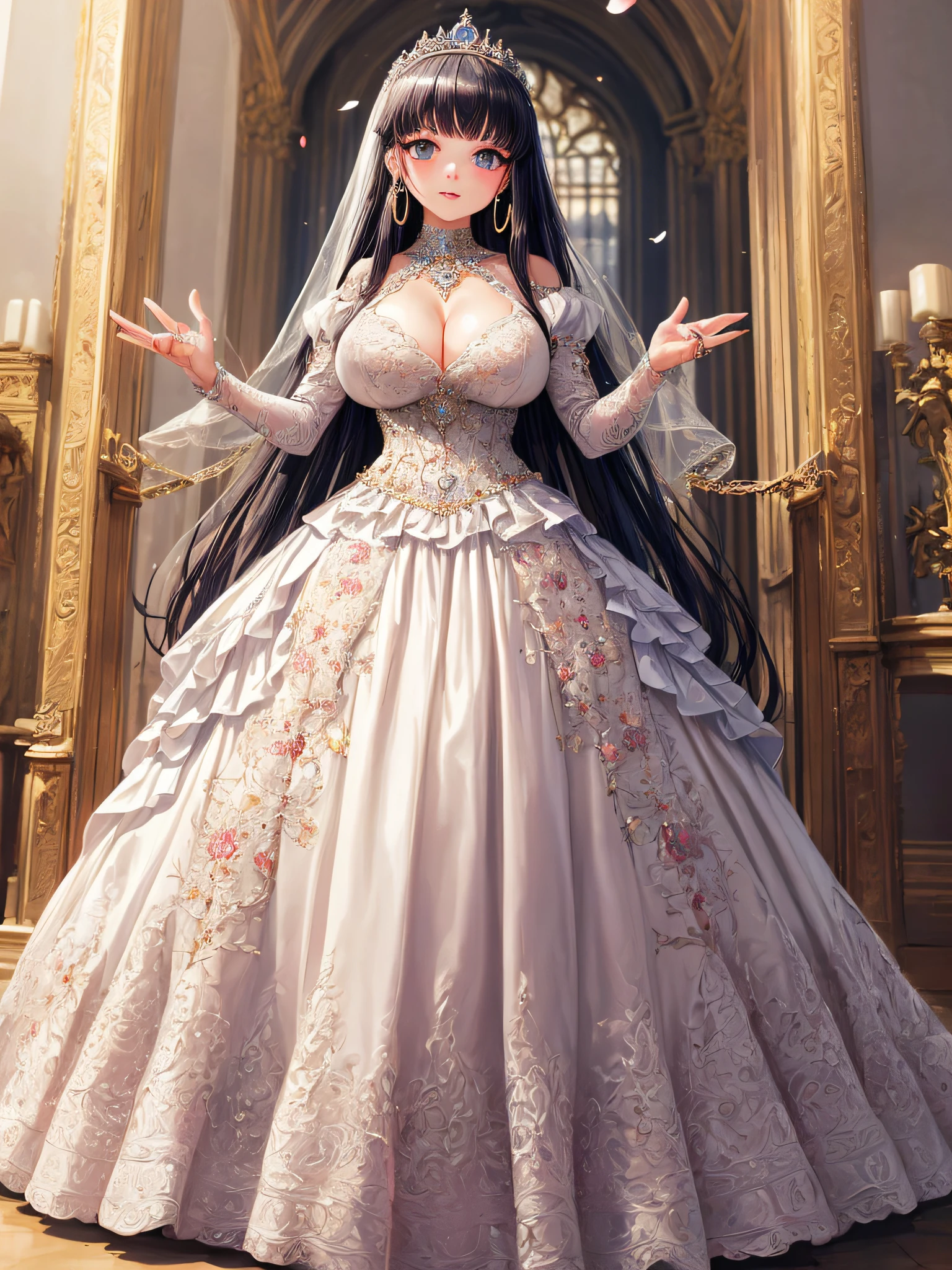 (masterpiece, best quality,extremely detailed,moe anime art style:1.2),1girl, (solo), cute, kawaii,digital art,((1 bling-bling anime princess wearing beautiful embroidery and jeweled gorgeous princess ballgown with voluminous full length hoop skirt)),((crinoline)),long train,voluminous frills,(gorgeous embroidery and beautiful lace),(very gigantic boobs,cleavage,skindentation),((shiny hair,absurdly voluminous straight hair,absurdly Long Hair)),((finely detailed face and eyes)),clear pupil,(bling-bling gorgeousfull jeweled tiara),((bling-bling gorgeous gemstone jewelry)),long veil,((beautiful luxury palace)),flowers,flower petals flowing,((looking away)),((beautiful embroidery and jeweled gorgeous princess ballgown with voluminous full length hoop skirt))