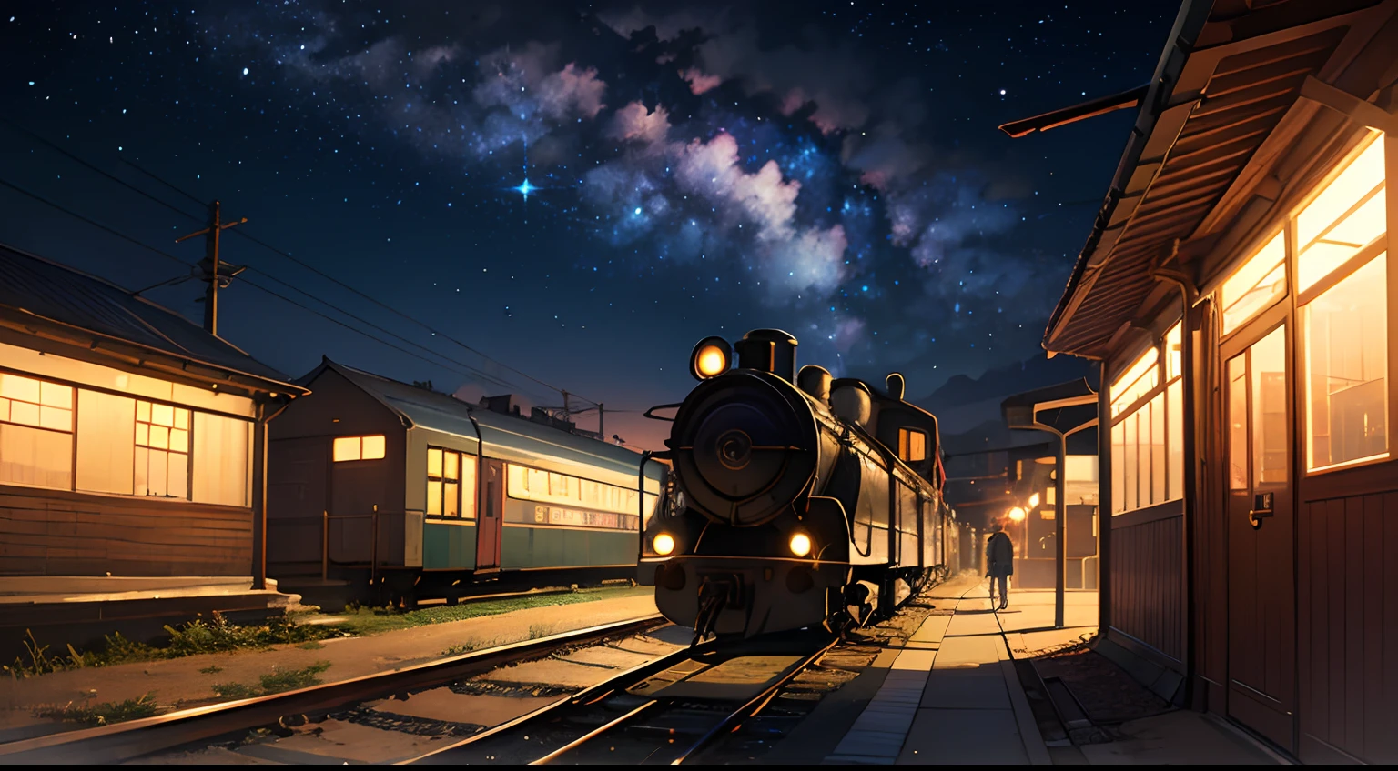 High quality masterpiece ,scenecy,Anime train passing through bodies of water on tracks, Glittering starry sky。Romantic train,Pisif,concept-art,Lofi art style,Reflectors。 By Makoto Shinkai, Lofi art, beautiful anime scenes, Anime landscapes, Detailed scenery —width 672, in the style of makoto shinkai, Makoto Shinkai's style,Detail enhancement