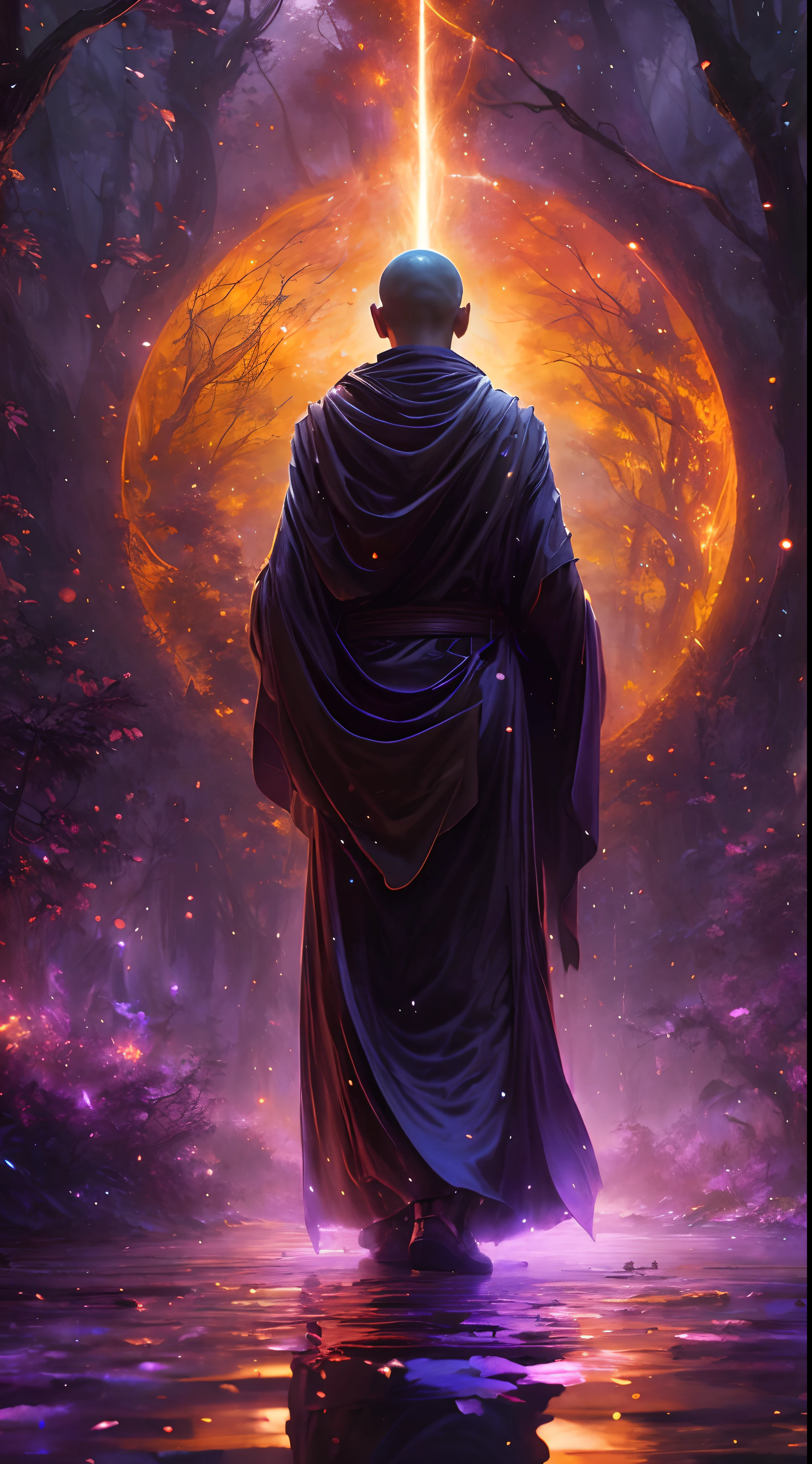 arafed image of a monk in a robe standing in a forest, emperor of the known universe, andreas rocha style, epic fantasy sci fi illustration, 8k stunning artwork, peter mohrbacher style, 4k fantasy art, dark flowing robe, epic scifi fantasy art, epic fantasy digital art style, guillem h. pongiluppi, wearing dark robe