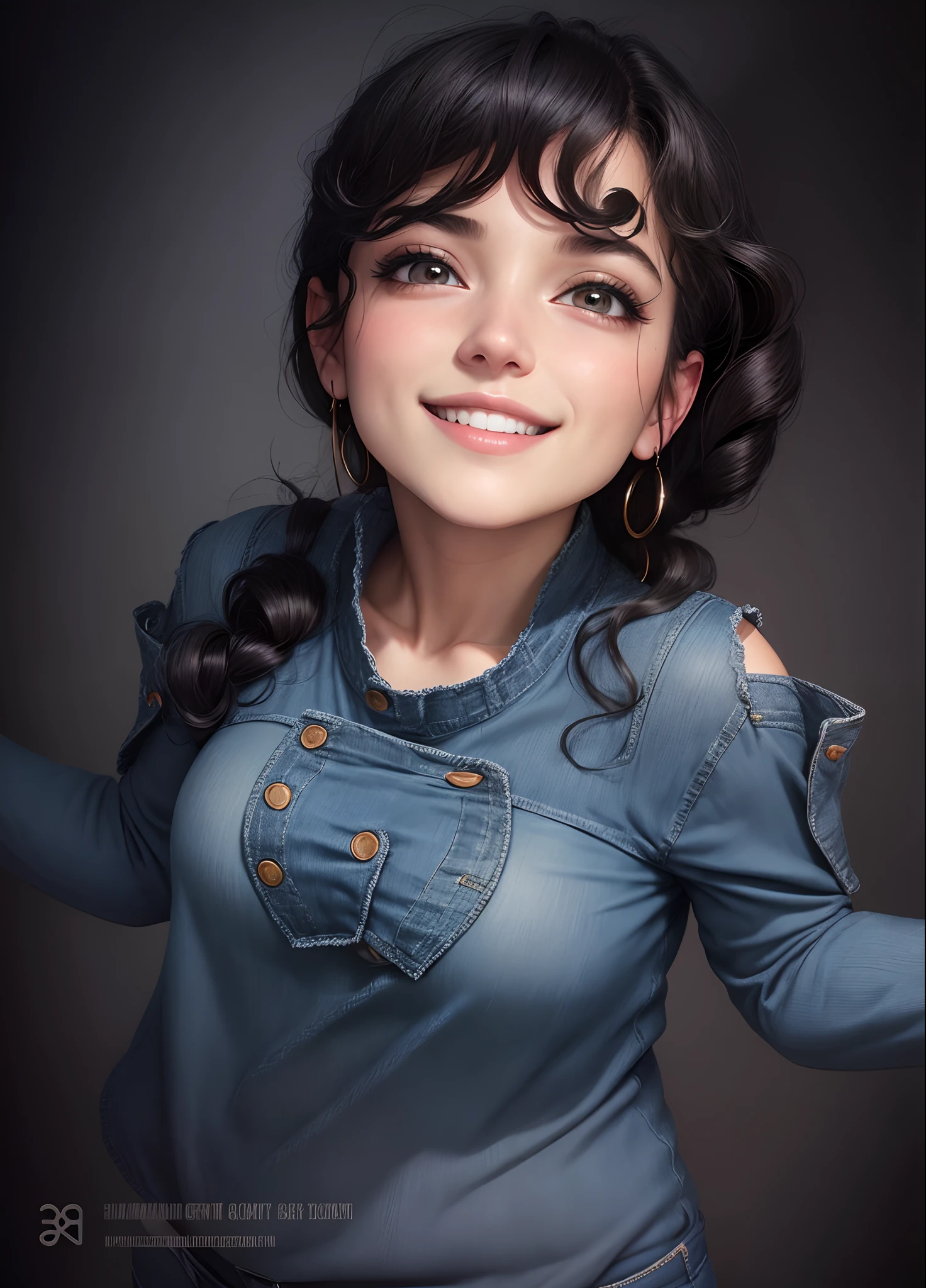Sexy woman, black shoulder length curly hair, shy, smiling, blushing hard, grey sweater, blue denim jeans, hands joined together in front of her, medium chest, wide hips, beautiful