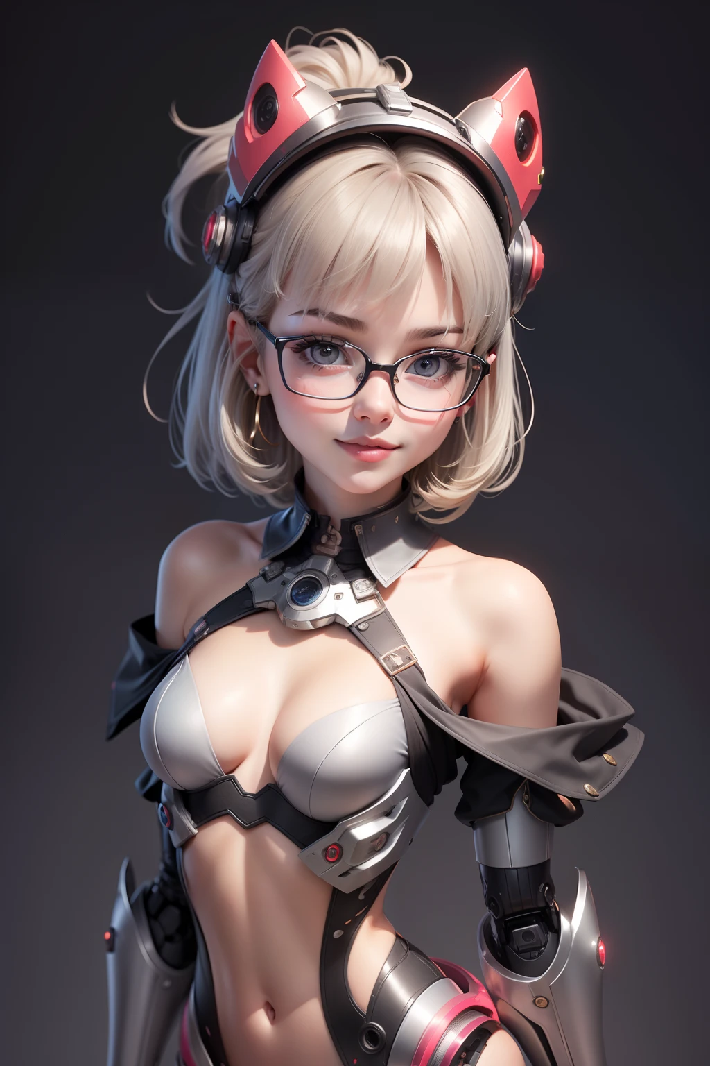 1 cute girl (18yo) glasses, upper body, slim waist, natural small breast, sexy pose, seductive expression, bangs, random hairstyle, cleavage, navel, collar, collarbone, off shoulder, seductive smile, wear intricately detail hot and sexy outfit, robot costume, wear unique helmet, random light color, upper body. flat gray color for background