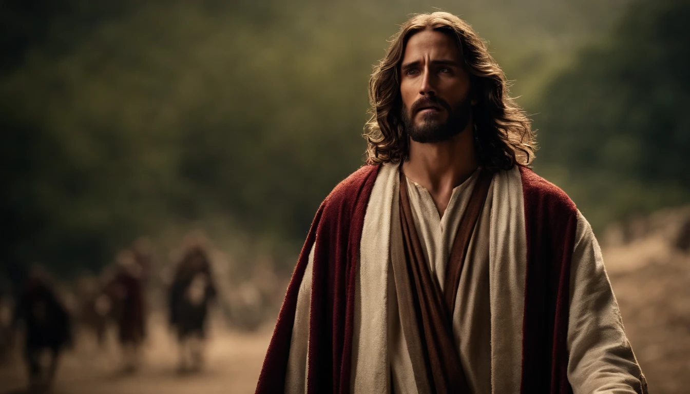 Jesus carregando sua cruz , his robes are torn, ele usa uma coroa de espinhos, Arte sacra