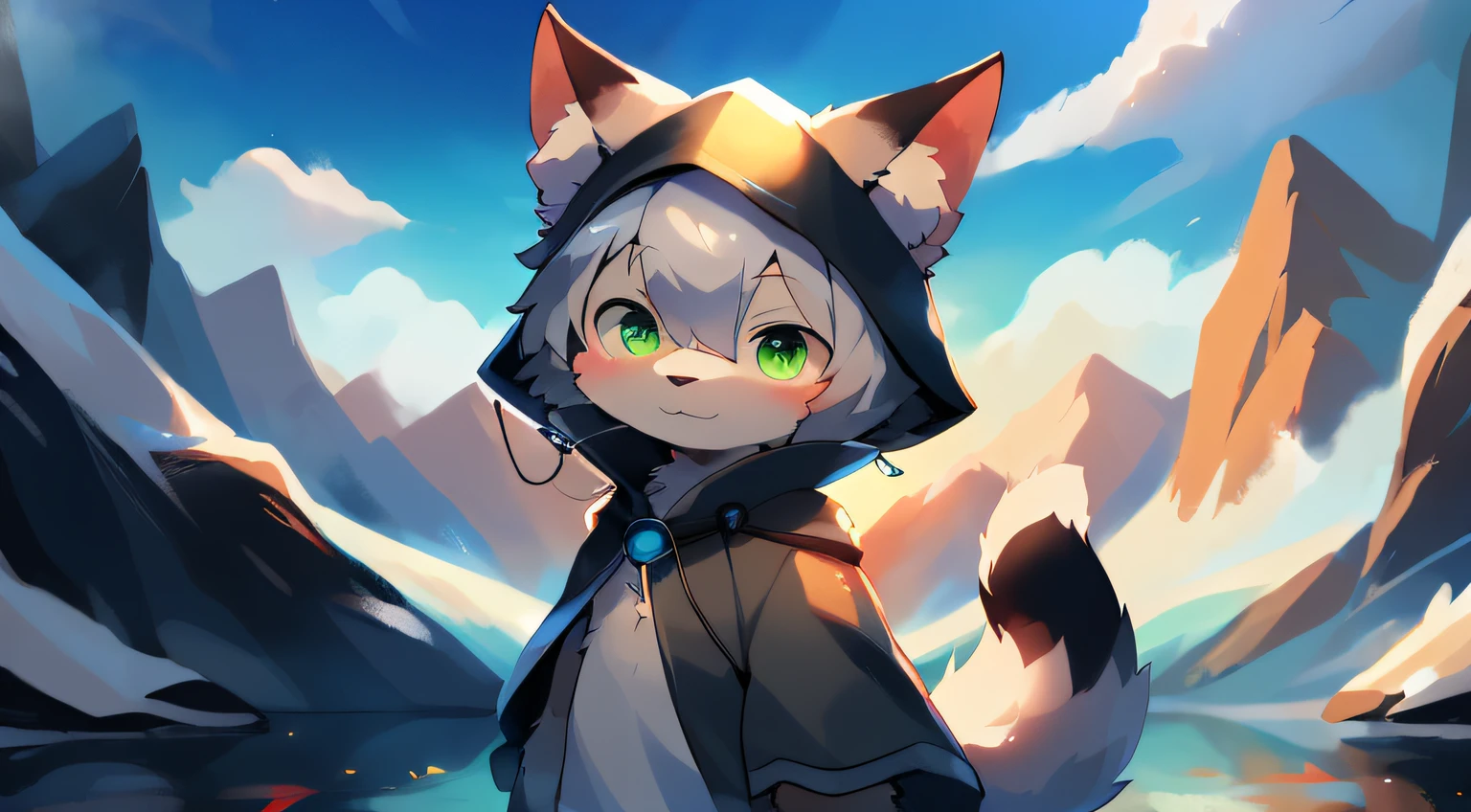 (Bright environment:0.8),Masterpiece,High quality,abstract res,Digital painting\(artwork of a\), by Dagasi, Yupa,Kiyosan,(anthro,Fluffy fur,Character focus:1.1),anthro male cat,Short hair,Portrait , eyes with brightness, in a panoramic view, Character focus.(mountainside,blue-sky:0.7), (Solo:1.2), shaggy, Furry boys,Cute face, (Large silver cloak:1.2),Look at the screen,(Full Body Furry, Fluffy tail, White fur,A pair of ears,The character is on the right, Dark blue earbuds ,Green eyes, Gray hair:1.2), (felid：1.2）,Stand on the top of a snowy mountain,