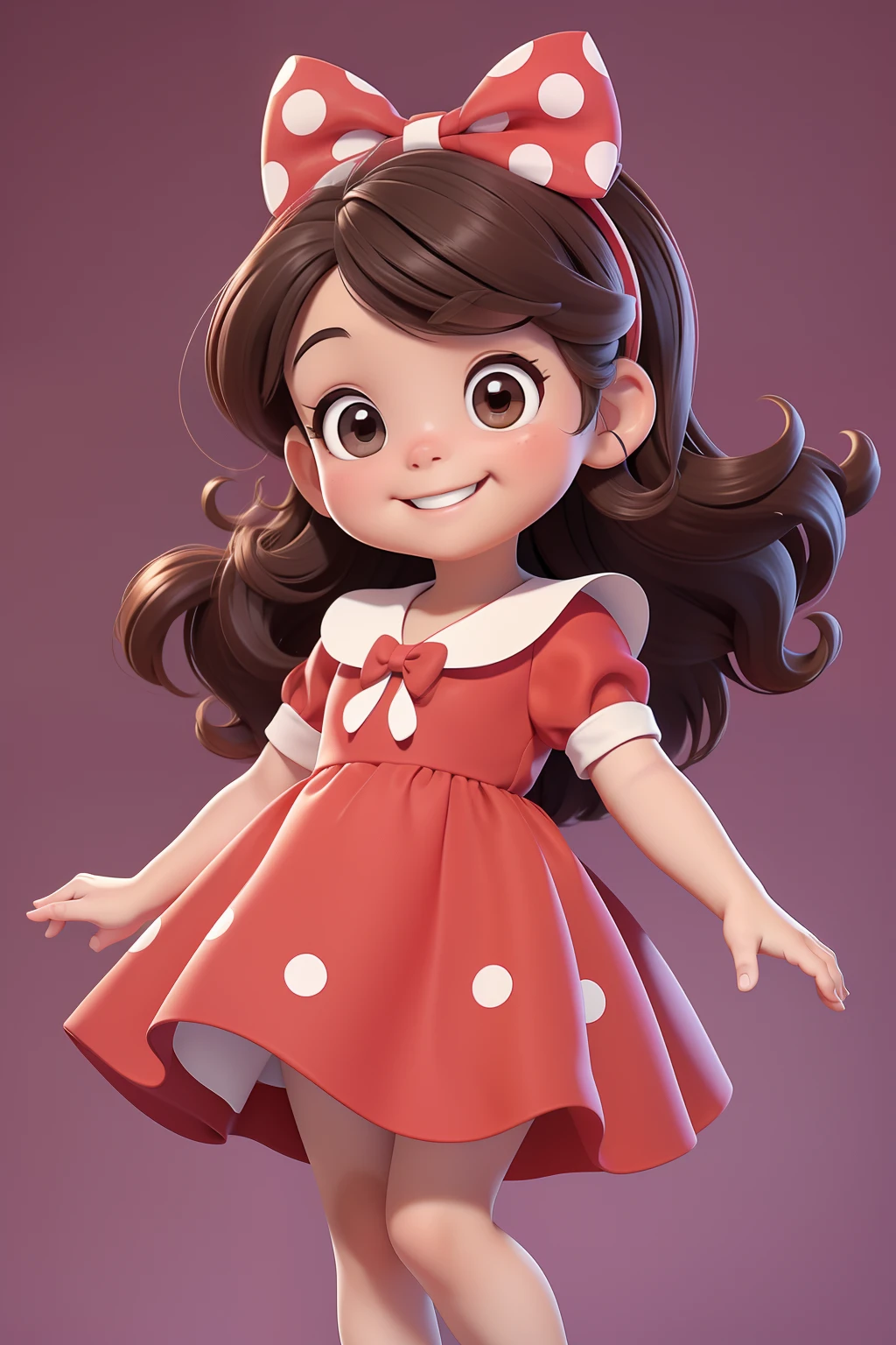 [(An adorable smiling brunette girl :1.2)(Small and cuddly baby)(pele clara)(Feliz)][(vestindo fantasia inspirada no 'Minnie') , childrens illustration , fundo limpo], wearing a little red dress with white polka dots and a bow in her hair, corpo inteiro, usando um sapatinho preto