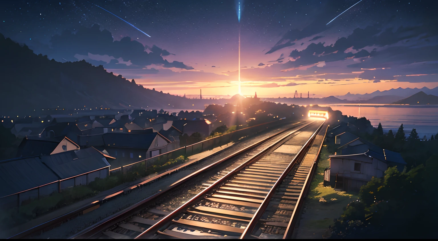 High quality masterpiece ，scenecy，Anime train passing through bodies of water on tracks， Glittering starry sky。Romantic train，Pisif，concept-art，Lofi art style，Reflectors。 By Makoto Shinkai, Lofi art, beautiful anime scenes, Anime landscapes, Detailed scenery —width 672, in the style of makoto shinkai, Makoto Shinkai's style，Detail enhancement