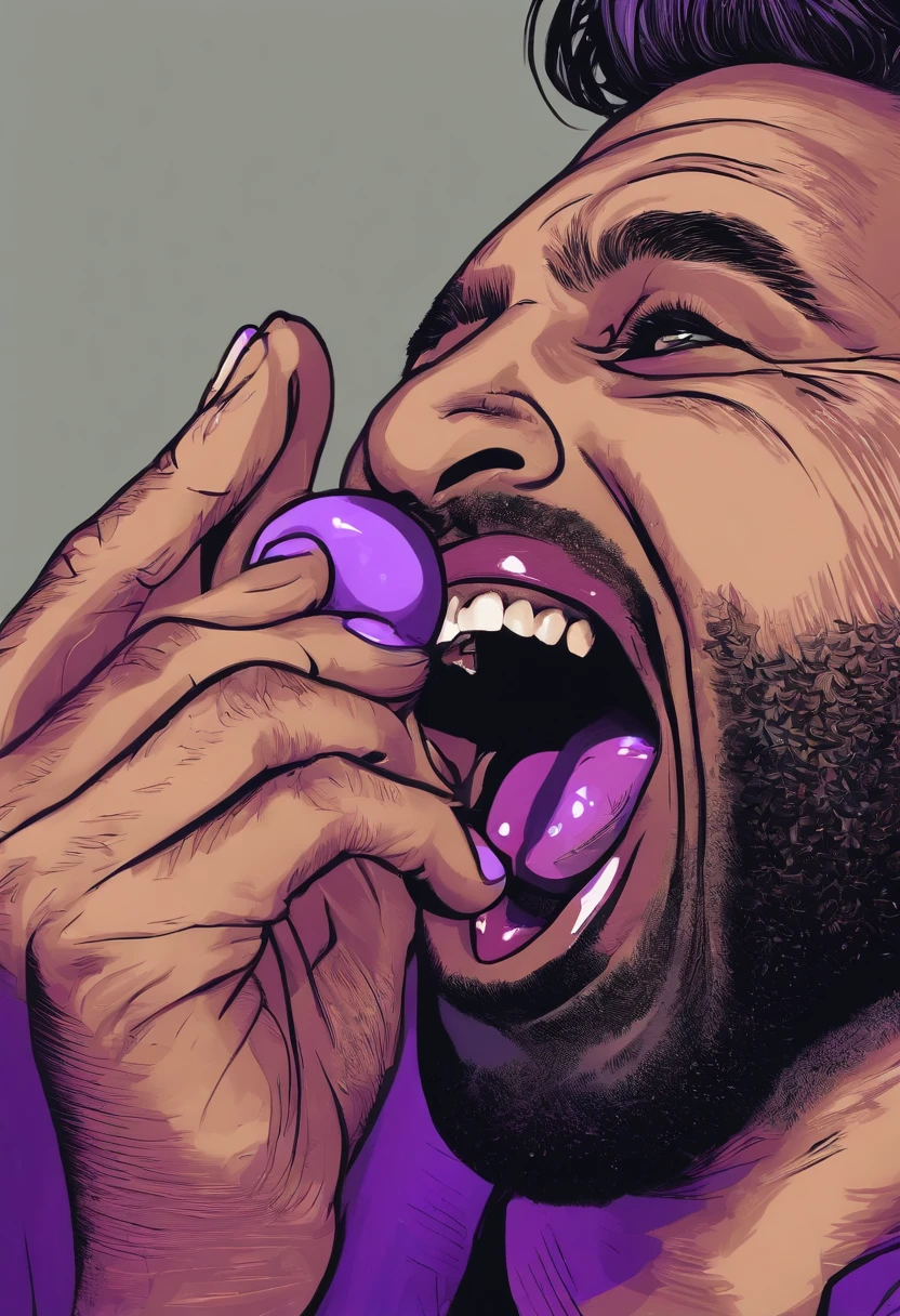 An hand putting a purple pill in other guy mouth, his tongue is out and the pill is put gently on his tongue