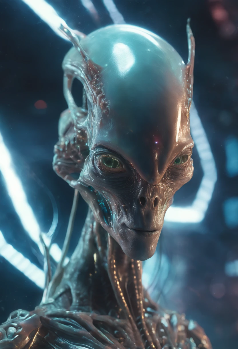 fantchar, a translucent ethereal alien with delicate features in a science fiction setting, brilhando por dentro, Sparks and lights, luar, lua, Close-up, Realistic, altamente detalhado, intrincado