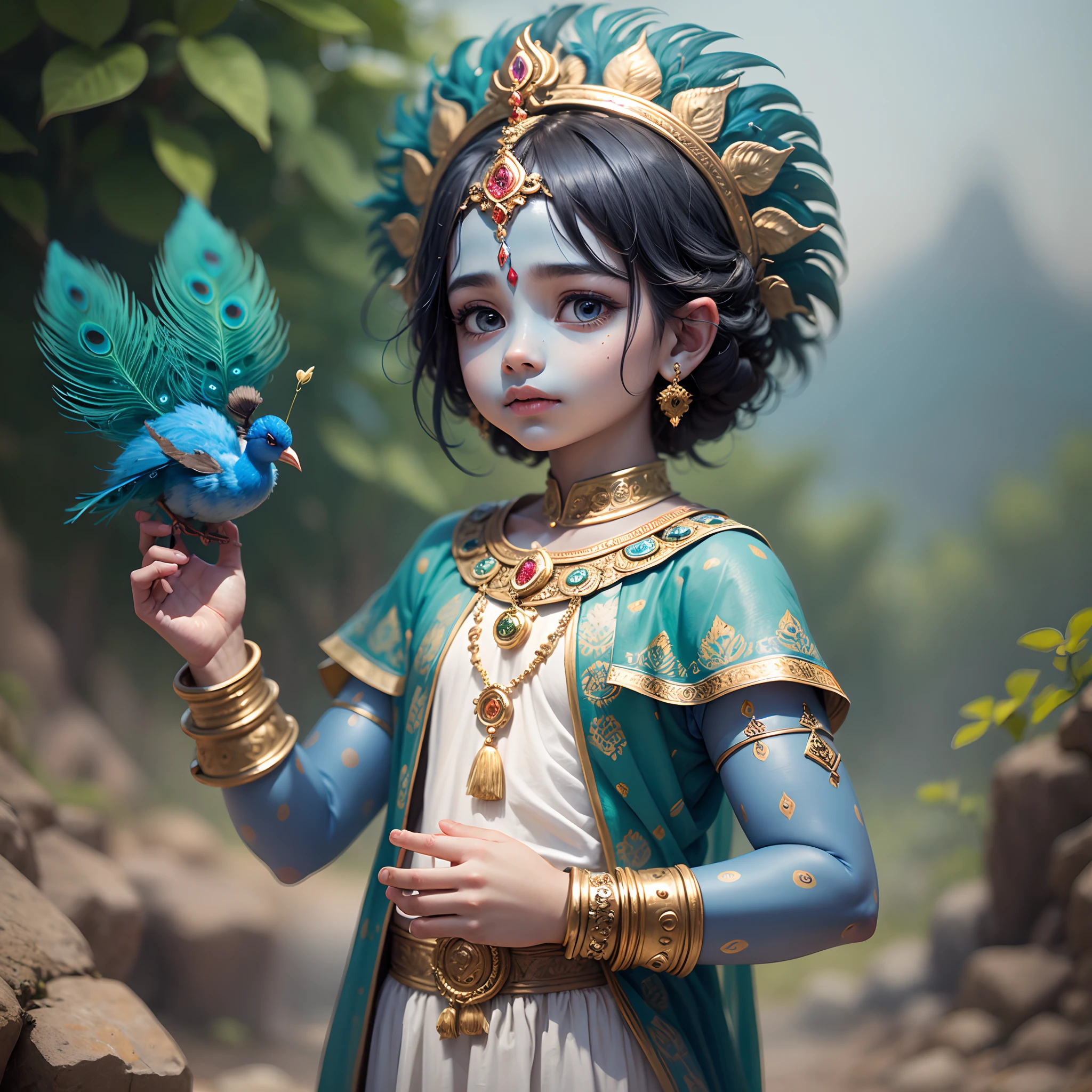 Illustrate Krishna with blue skin, a peacock feather pinned in his hair, show his divine strength as a child,ing up Govardhan Hill on his little finger in the air to protect the villagers from rain --auto --s2