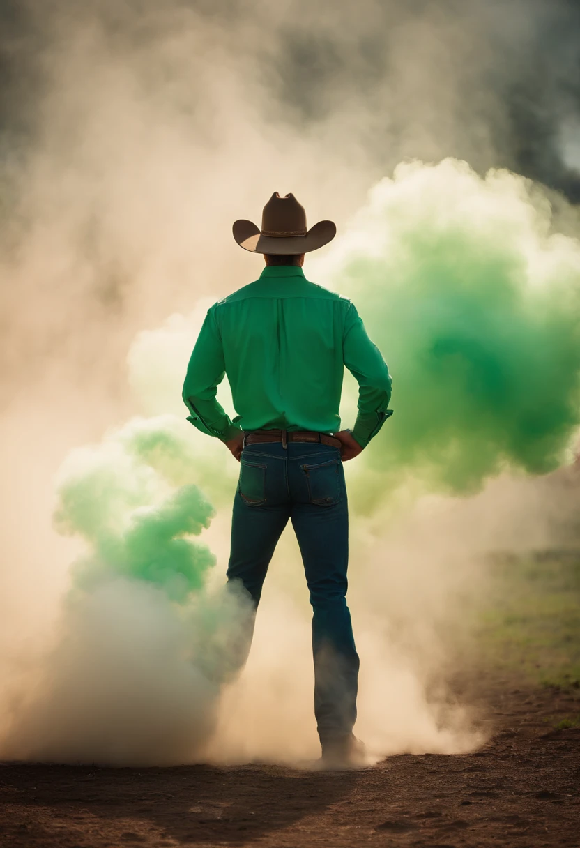 Cowboy guy farting, a bit smoke green pastel color cloud made of smoke represent the fart