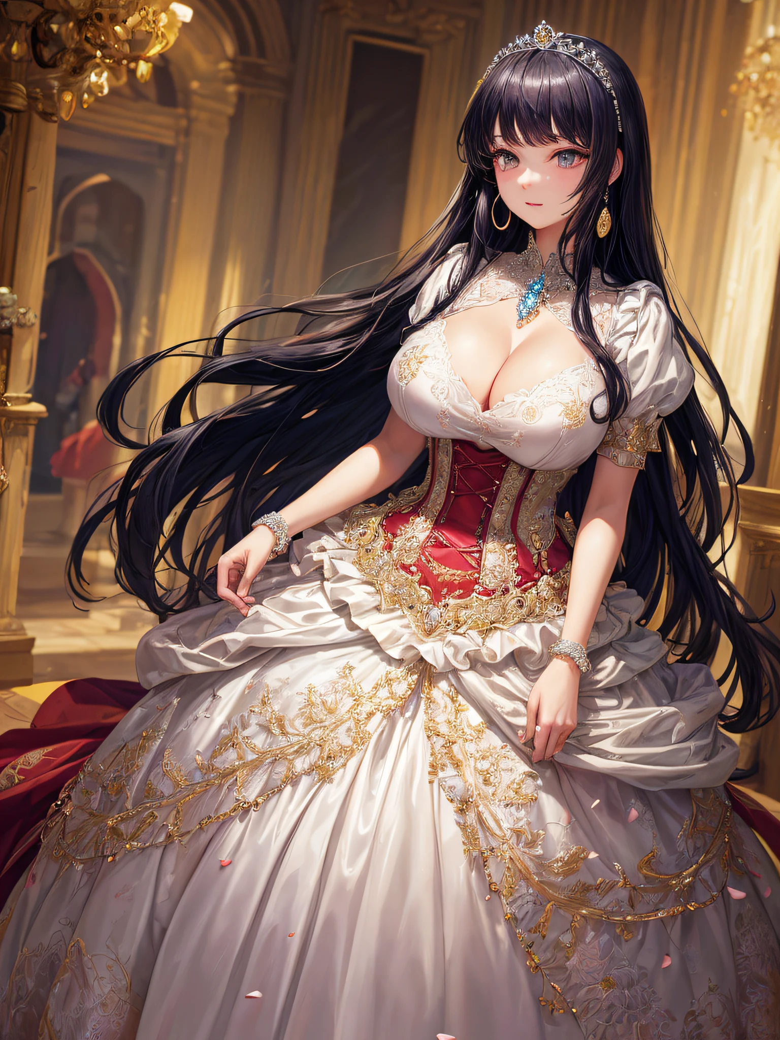 (masterpiece, best quality,extremely detailed,moe anime art style:1.2),1girl, (solo), cute, kawaii,digital art,((1 bling-bling anime princess wearing beautiful embroidery and jeweled gorgeous princess ballgown with voluminous full length hoop skirt)),((crinoline)),long train,voluminous frills,(gorgeous embroidery and beautiful lace),(very gigantic boobs,cleavage,skindentation),((shiny hair,absurdly voluminous straight hair,absurdly Long Hair)),((finely detailed face and eyes)),clear pupil,(bling-bling gorgeousfull jeweled tiara),((bling-bling gorgeous gemstone jewelry)),long veil,((beautiful luxury palace)),beautiful background,flowers,flower petals flowing,((looking away)),((beautiful embroidery and jeweled gorgeous princess ballgown with voluminous full length hoop skirt))