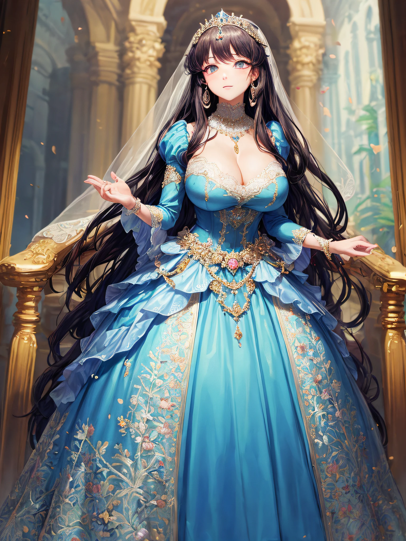 (masterpiece, best quality,extremely detailed,moe anime art style:1.2),1girl, (solo), cute, kawaii,digital art,((1 bling-bling anime princess wearing beautiful embroidery and jeweled gorgeous princess ballgown with voluminous full length hoop skirt)),((crinoline)),long train,voluminous frills,(gorgeous embroidery and beautiful lace),(very gigantic boobs,cleavage,skindentation),((shiny hair,absurdly voluminous straight hair,absurdly Long Hair)),((finely detailed face and eyes)),clear pupil,(bling-bling gorgeousfull jeweled tiara),((bling-bling gorgeous gemstone jewelry)),long veil,((beautiful luxury palace)),beautiful background,flowers,flower petals flowing,((looking away)),((beautiful embroidery and jeweled gorgeous princess ballgown with voluminous full length hoop skirt))