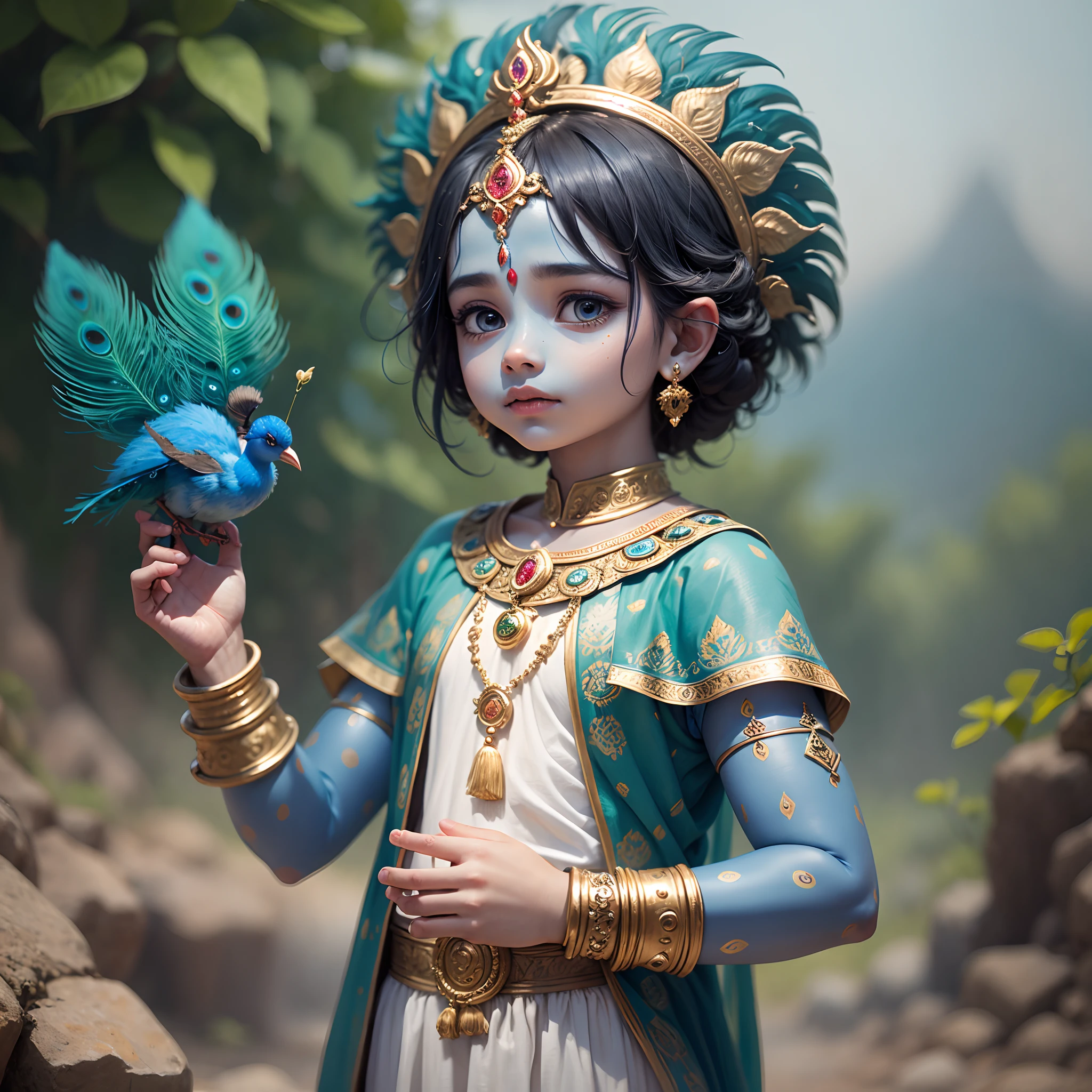 Illustrate Krishna with blue skin, a peacock feather pinned in his hair, show his divine strength as a child,ing up Govardhan Hill on his little finger in the air to protect the villagers from rain --auto --s2