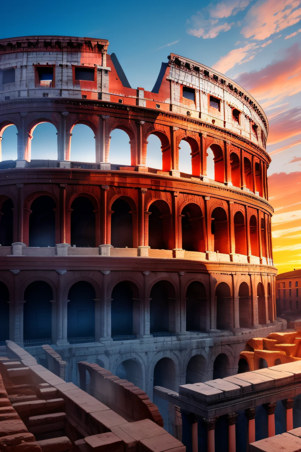 Majestic Roman Coliseum,red to blue gradient, detailed architecture, bustling crowd, vibrant atmosphere,sharp focus, HDR lighting, high resolution, masterpiece quality, photorealistic, portraits, landscape.