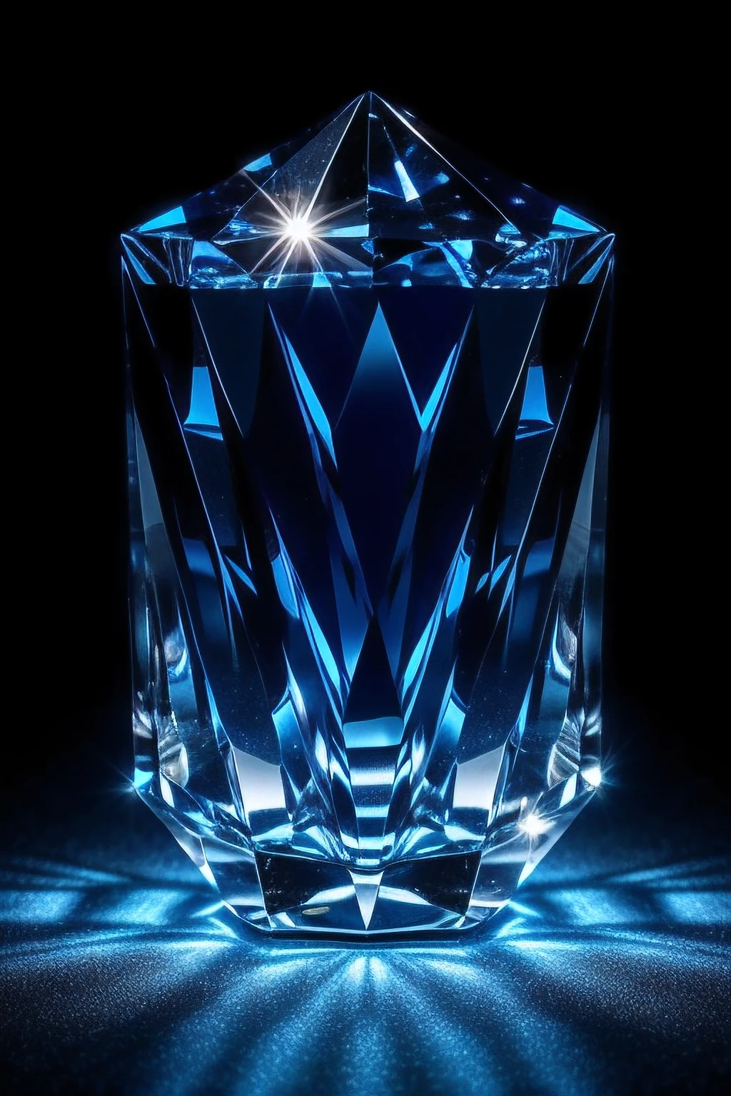 blue crystal, dark, detailed, shining, mysterious, magical, intricate, reflections, translucent, deep blue hues, glowing from within, sharp edges, captivating, fantasy, enchanting, otherworldly, mesmerizing