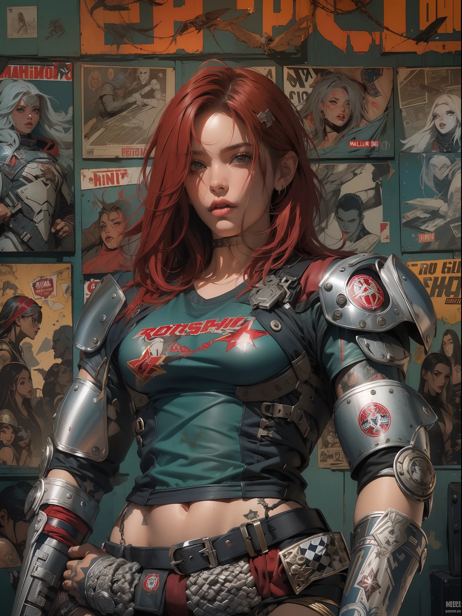 (((mulher))), (((melhor qualidade))), (((obra prima))), (((adulto))), (((1girl))), ((( corte de cabelo bob ))), Uma gladiadora cyberpunk mulher de 25 anos com corpo perfeito, shoulder pads with metal spines, Gladiadores do Brooklyn, (( corte de cabelo bob )), tiny leather panties, camiseta de time de rugby rasgada, quase nua no estilo selvagem urbano de Simon Bisley para a capa da revista Heavy Metal, Cabelo loiro curto, Minimum clothing, Metal protection on the left arm with intricate graphics, Dark red with white stars and white and navy blue checkerboard pattern, armadura, cheio de pontas e rebites, (((do joelho pra cima))), cabelos loiro branco curto, no fundo uma parede pintada por Shepard Fairey com um design intrincado