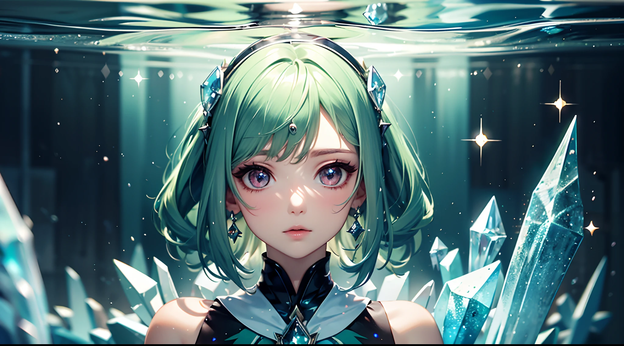 Stand behind a fish tank filled with close-ups of fir and watch the viewers，Long green hair，Dull hair，Pink hair accessories，sparkle eyes，Eye-catching，The corners of the mouth are upturned，HD quality wallpaper，refracted light，The water is crystal clear，The head is especially depicted in the picture，3Drenderingof