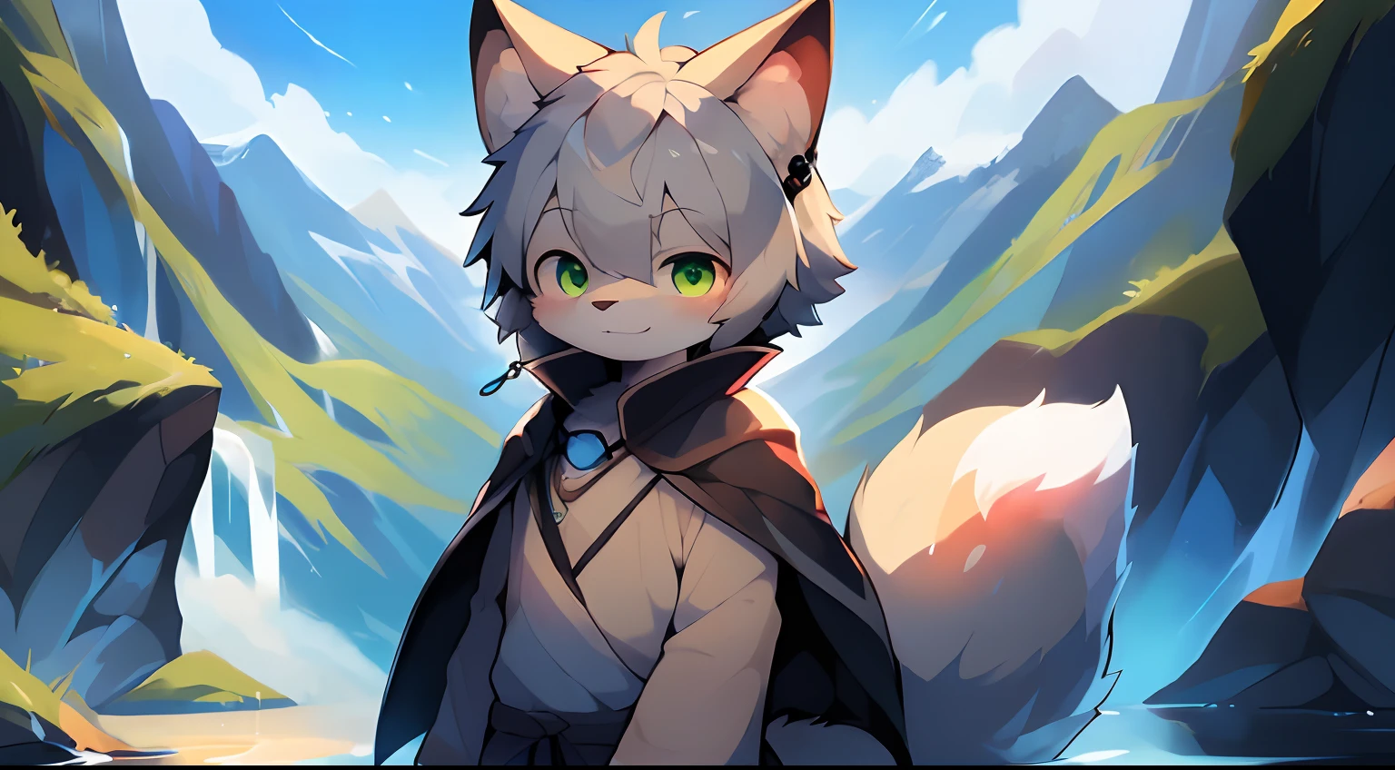 (Bright environment:0.8),Masterpiece,High quality,abstract res,Digital painting\(artwork of a\), by Dagasi, Yupa,Kiyosan,(anthro,Fluffy fur,Character focus:1.1),anthro male cat,Short hair,Portrait , eyes with brightness, in a panoramic view, Character focus.(mountainside,blue-sky:0.7), (Solo:1.2), shaggy, Furry boys,Cute face, (Large silver cloak:1.2),Look at the screen,(Full Body Furry, Fluffy tail, White fur,A pair of ears,The character is on the right, Dark blue earbuds ,Green eyes, Gray hair:1.2), (felid：1.2）,Stand on the top of a snowy mountain,