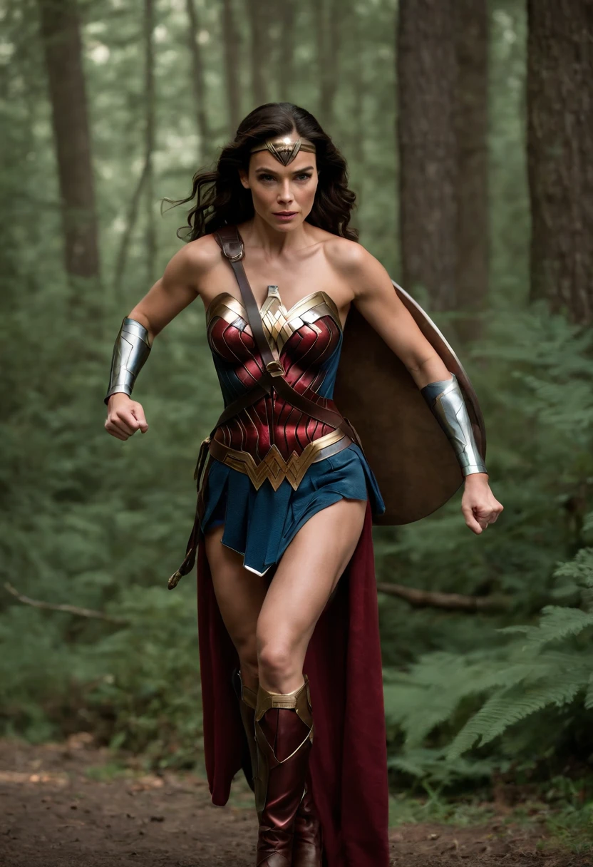 Evangelin Lilly dressed like wonder woman, full body, with a sword, hyper realistic, 4k