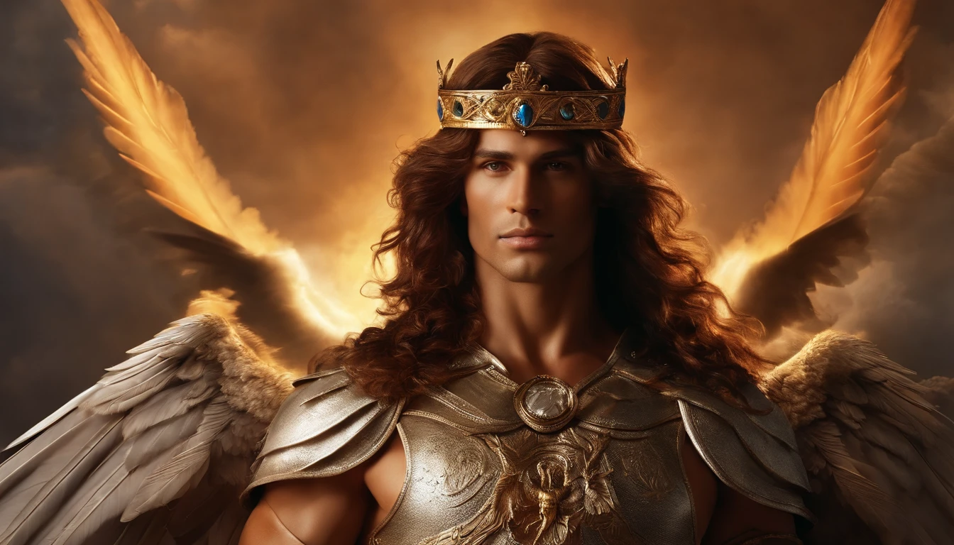 Tres personagem masculino, o arcanjo Miguel, Imagem celeste, detalhes intrincados, Realistic, BEGE e asas grandes, fundo celeste, Catholic illustrative image of the archangel Michael, Male character of the Bible, Michael is wearing his angelic armor, Maximum detail and your STRONG face and angelic wings, Pele realista perfeita, Maximum image quality, Miguel is highlighted in the image with strong and striking colors.