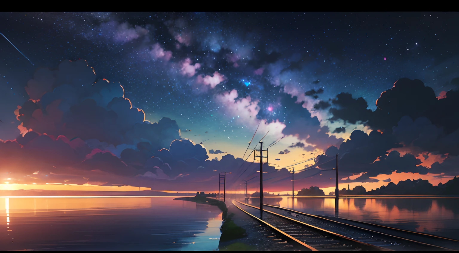 High quality masterpiece ,scenecy,Anime train passing through bodies of water on tracks, Glittering starry sky。Romantic train,Pisif,concept-art,Lofi art style,Reflectors。 By Makoto Shinkai, Lofi art, beautiful anime scenes, Anime landscapes, Detailed scenery —width 672, in the style of makoto shinkai, Makoto Shinkai's style,Detail enhancement