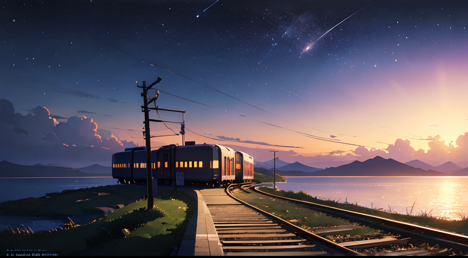 High quality masterpiece ，scenecy，Anime train passing through bodies of water on tracks， Glittering starry sky。Romantic train，Pisif，concept-art，Lofi art style，Reflectors。 By Makoto Shinkai, Lofi art, beautiful anime scenes, Anime landscapes, Detailed scenery —width 672, in the style of makoto shinkai, Makoto Shinkai's style，Detail enhancement