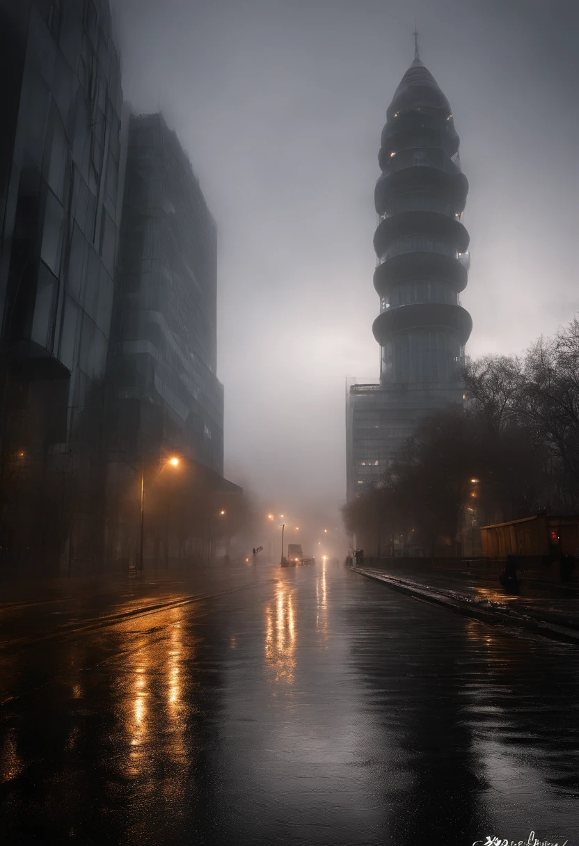 The day was a bit cold, not The type make you shiver. But The type of cold that make you pensive and reflectfull.
An chill rain fall of the sky driping from the top of buildings and sealings, an mystery bressy blow... making you noticied it, the lights are very fadded in the fog.
One tower in horizion drive the atention, she is not the only one surronded by the foggy sky, the rain acelerate dipping faster and heavy looking like she is confused if she will splash or gracefull fall.
Wind blowing, rain falling but the metal tower keeps, nothing will bring it down excepet for an unnatural force. Around the tower has an sleeping town, streets, cars and some plants sleeping in covered in grey and water...