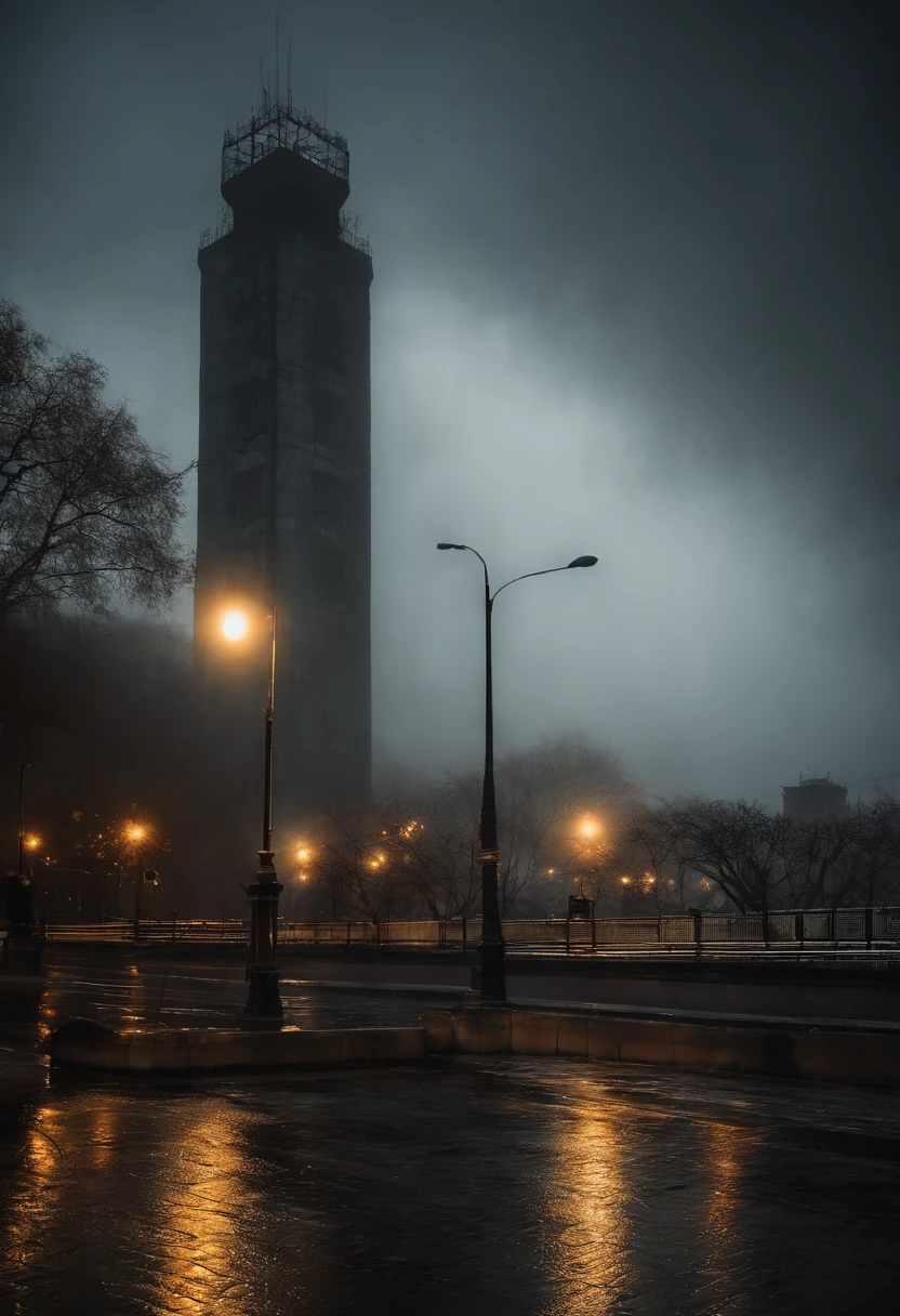The day was a bit cold, not The type make you shiver. But The type of cold that make you pensive and reflectfull.
 An chill rain fall of the sky driping from the top of buildings and sealings, an mystery bressy blow... making you noticied it, the lights are very fadded in the fog.
 One tower in horizion drive the atention, she is not the only one surronded by the foggy sky, the rain acelerate dipping faster and heavy looking like she is confused if she will splash or gracefull fall.
 Wind blowing, rain falling but the metal tower keeps, nothing will bring it down excepet for an unnatural force. Around the tower has an sleeping town, streets, cars and some plants sleeping in covered in grey and water...
