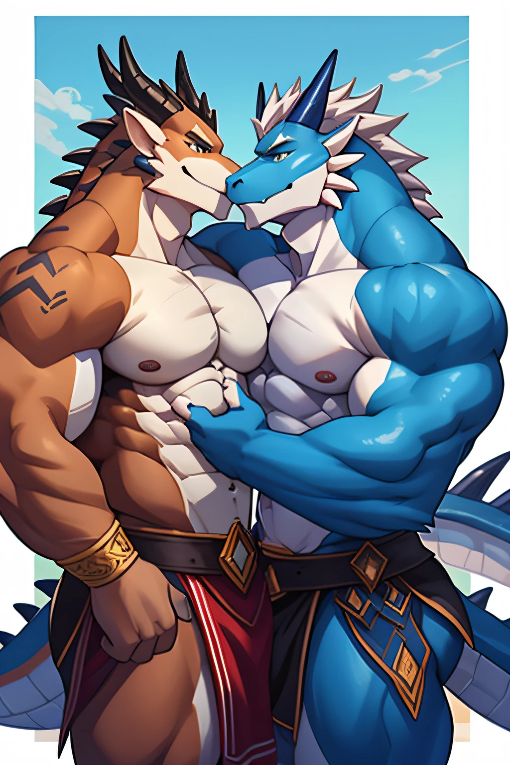 Two anthropomale dragons kiss, one has his hand resting on the torso of the other, Corps vert, muscle, highly quality, digital painting