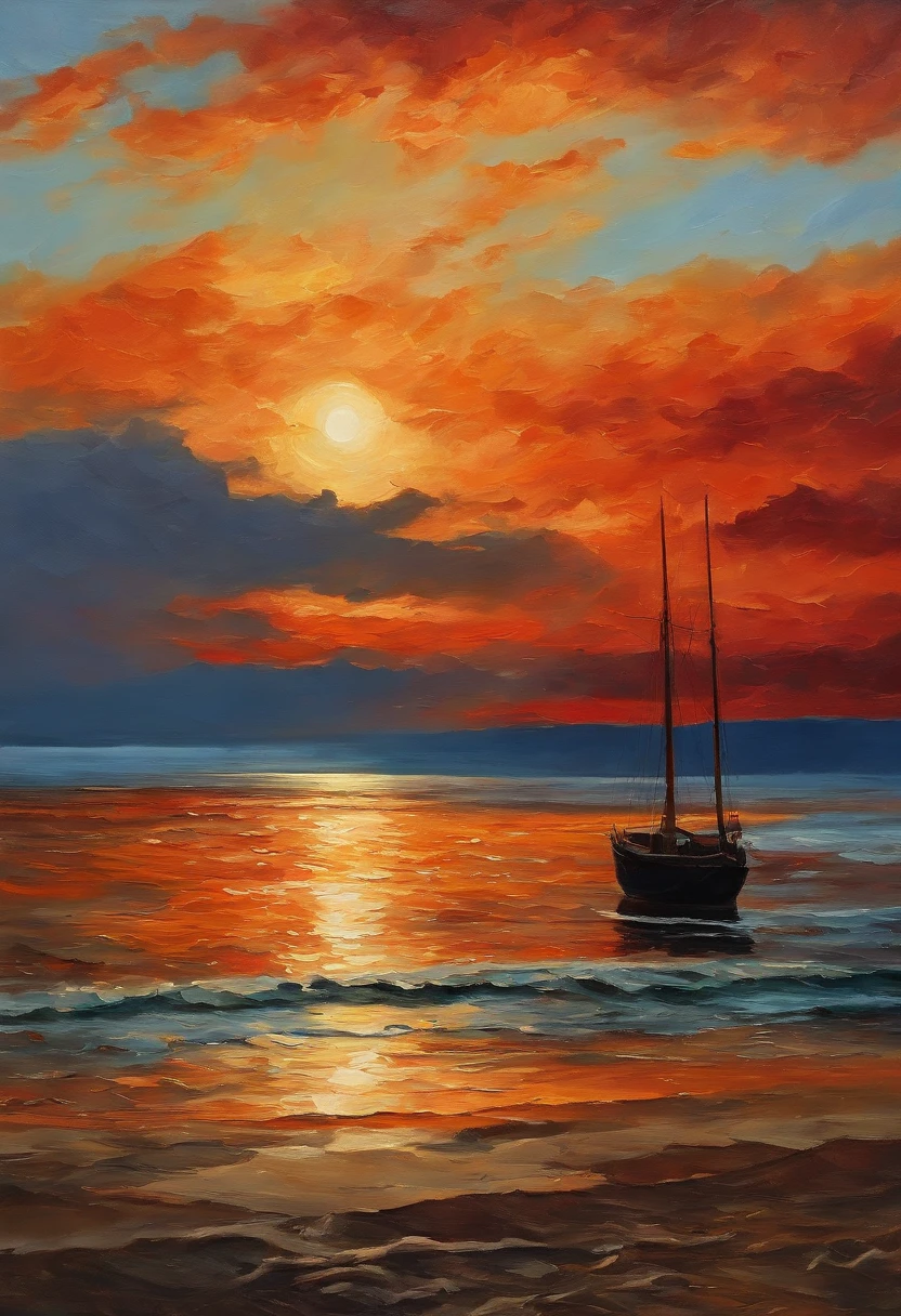 Malklossko、Painterly、Sunset over the sea、an oil painting、evening、von gogh、Calm sea、Less clouds、Two-thirds empty、The sun shines like a ruby、Make the sky bigger、Calm sea、Big sun、big sky、