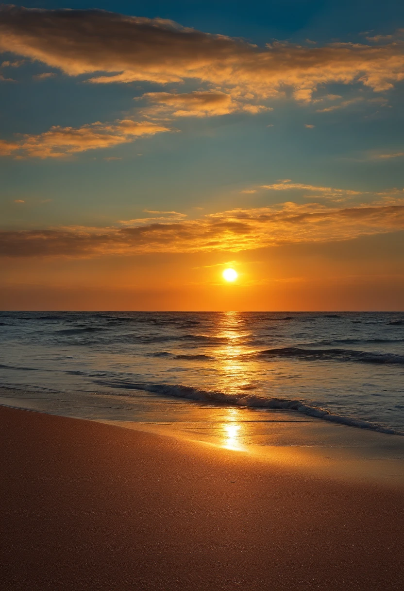Malklossko、Painterly、Sunset over the sea、an oil painting、evening、von gogh、Calm sea、Less clouds、Two-thirds empty、The sun shines like a ruby、Make the sky bigger、Calm sea、Big sun、big sky、
