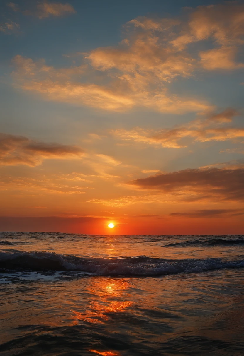 Malklossko、Painterly、Sunset over the sea、an oil painting、evening、von gogh、Calm sea、Less clouds、Two-thirds empty、The sun shines like a ruby、Make the sky bigger、Calm sea、Big sun、big sky、