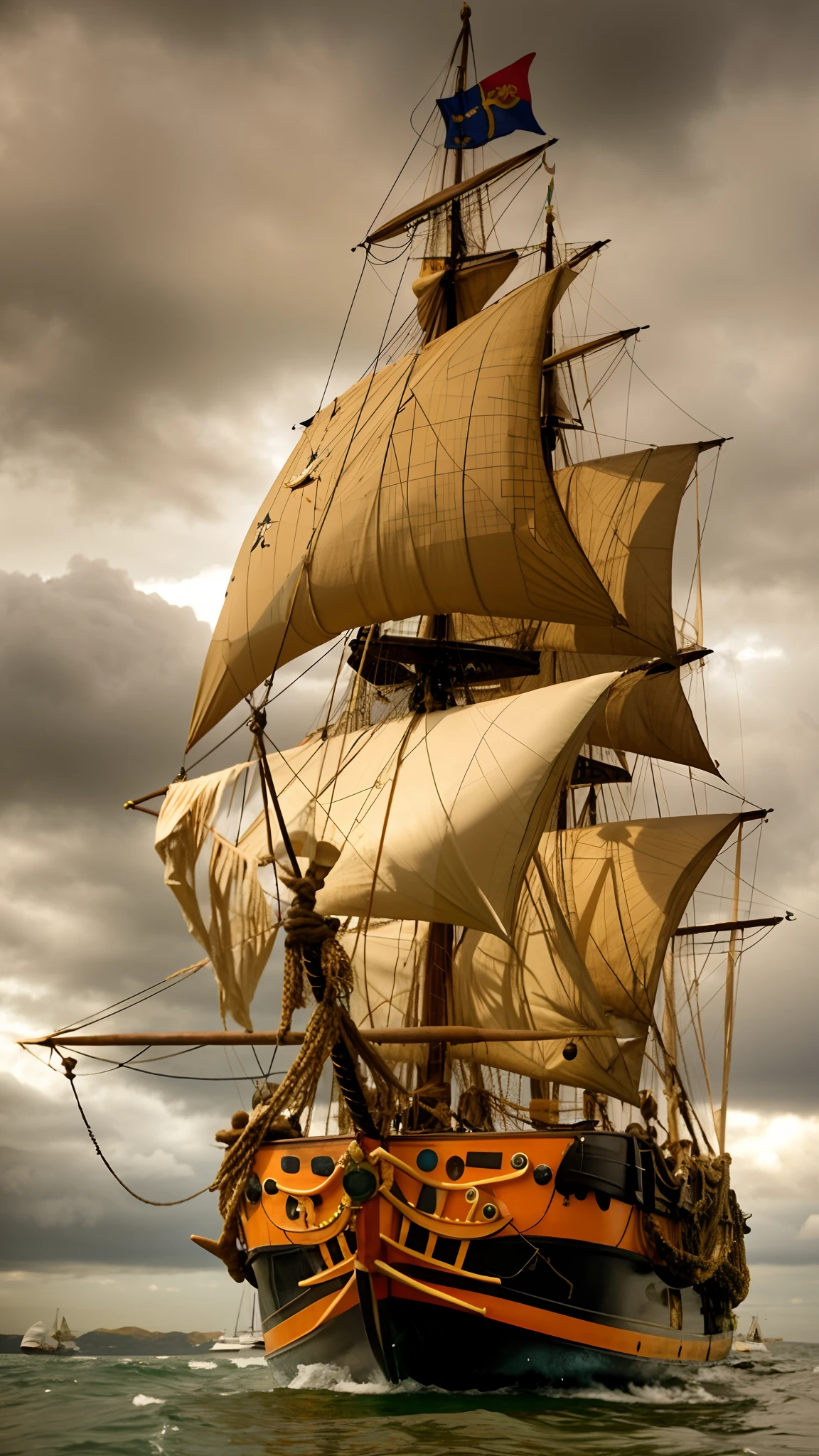 um close up de um grande veleiro no oceano, Vela, veleiro, velas e mastros e aparelhamento, Sailboats, navio pirata velho, velas rasgadas, navios com velas, navios com velas por baixo, galleon, navio pirata, coruja, gold galleon ship, navios piratas, um navio pirata impossivelmente enorme, He's on an old sailboat