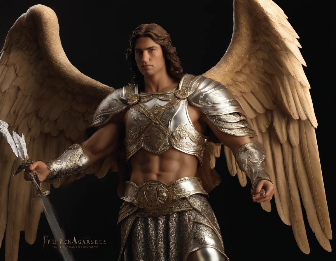 um personagem masculino, o arcanjo Miguel, Imagem celeste, detalhes intrincados, Realistic, BEGE e asas grandes, fundo celeste, Catholic illustrative image of the archangel Michael, Male character of the Bible, Michael is wearing his angelic armor, Maximum detail and your STRONG face and angelic wings, Pele realista perfeita, Maximum image quality, Miguel is highlighted in the image with strong and striking colors.