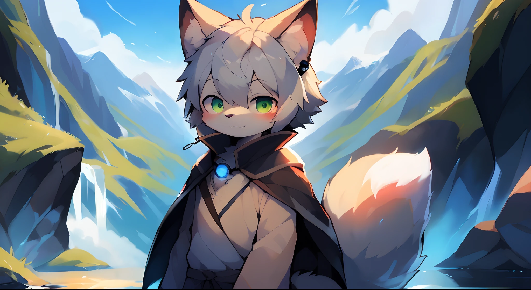 (Bright environment:0.8),Masterpiece,High quality,abstract res,Digital painting\(artwork of a\), by Dagasi, Yupa,Kiyosan,(anthro,Fluffy fur,Character focus:1.1),anthro male cat,Short hair,Portrait , eyes with brightness, in a panoramic view, Character focus.(mountainside,blue-sky:0.7), (Solo:1.2), shaggy, Furry boys,Cute face, (Large silver cloak:1.2),Look at the screen,(Full Body Furry, Fluffy tail, White fur,A pair of ears,The character is on the right, Dark blue earbuds ,Green eyes, Gray hair:1.2), (felid：1.2）,Stand on the top of a snowy mountain,