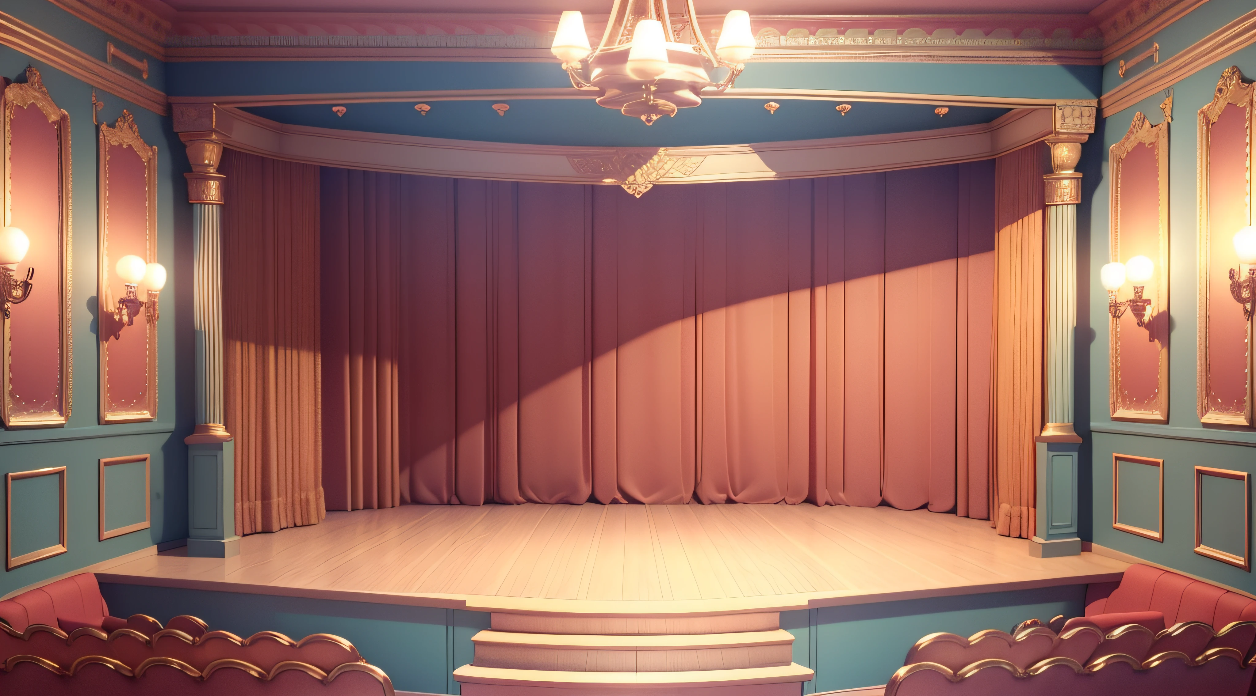 highly detailed 3D render cute vintage 19th century theater stage, kids cartoon style, high detailed textures, soft smooth textures, colorful gradient in background.