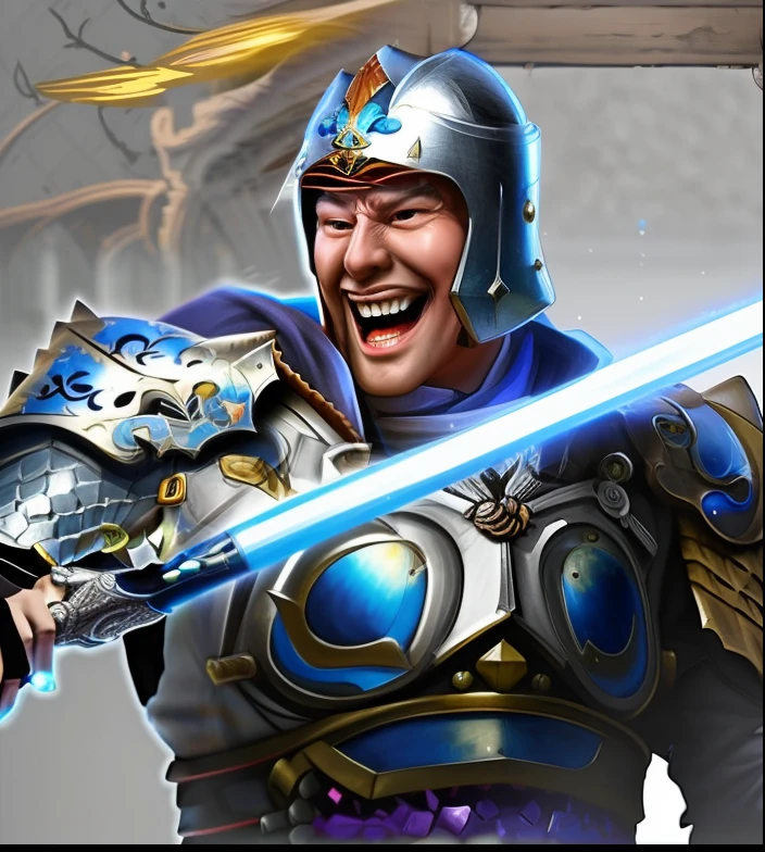 Laughing man in armor with sword