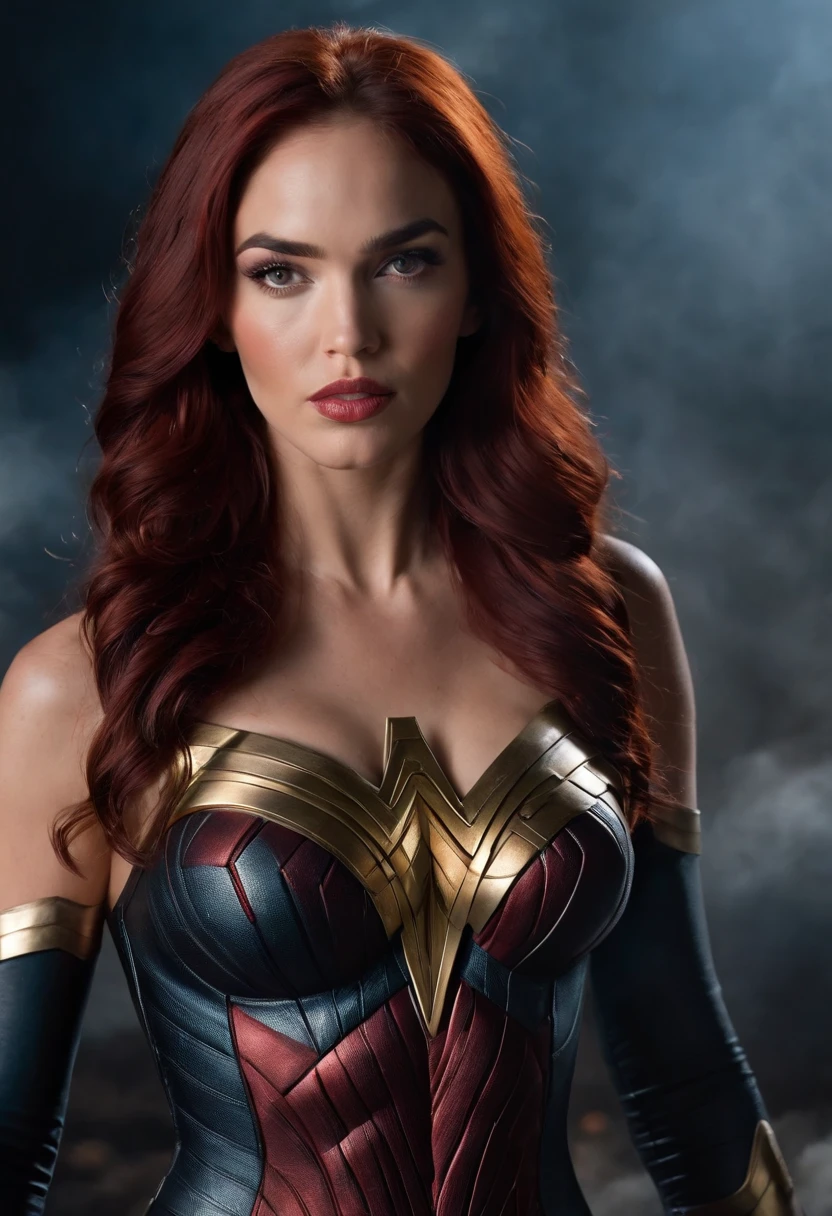 a close up of a redheaded woman with face of Megan Fox in a black wonder woman bodysuit, giant stunning goddess shot, athletic goddess, in a leather corset, looks at the nuclear explosion, huge boobs