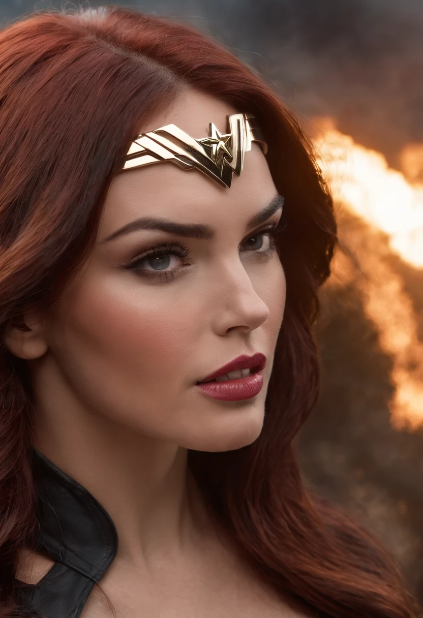 a close up of a redheaded woman with face of Megan Fox in a black wonder woman bodysuit, giant stunning goddess shot, athletic goddess, in a leather corset, looks at the nuclear explosion, huge boobs