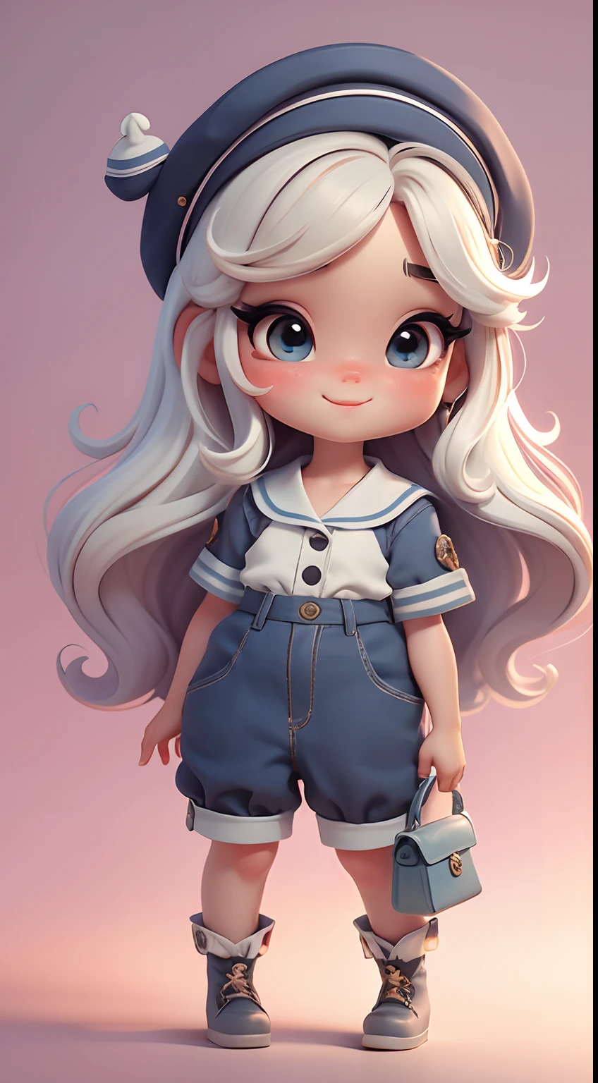 Create a series of cute cute baby chibi style dolls with a cute sailor theme, each with lots of detail and in an 8K resolution. All dolls should follow the same solid background pattern and be complete in the image, mostrando o (corpo inteiro, incluindo as pernas: 1.5)

Boneca Mini marinheiro: Chame-a de Marina. Ela deve ter cabelo pequeno em tom multicolorido. Seus olhos devem ser grandes e expressivos, with long eyelashes and rosy cheeks. Sorriso delicado e branco. Marina deve estar vestida com uma camisa, Camiseta, trousers and an ornate sailor's hat. She must hold navigation accessories. Certifique-se de adicionar detalhes nas roupas, such as buttons and pockets, sapato bonito

Certifique-se de adicionar sombras, texturas e detalhes nos cabelos, roupas, Safari utensils, to make them even more adorable and charming.