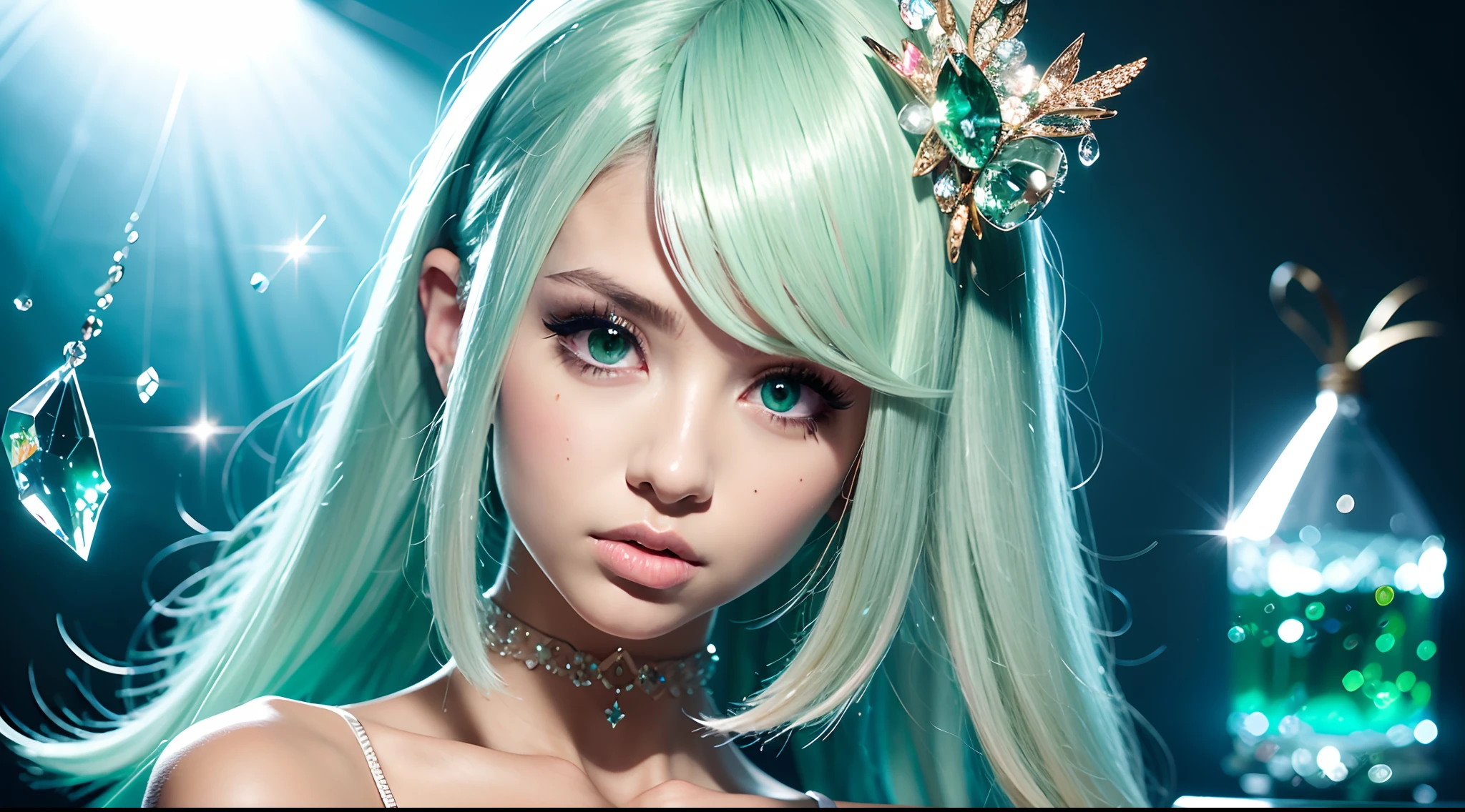 Stand behind a fish tank filled with close-ups of firs,looking at viewert,Long green hair,Dull hair,Pink hair accessories,sparkle eyes,Eye-catching,The corners of the mouth are upturned,HD quality wallpaper,refracted light,The water is crystal clear,The head is especially depicted in the picture,3Drenderingof