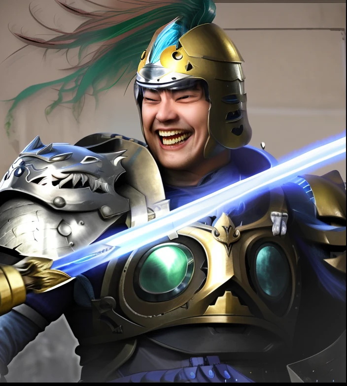 Laughing man in armor with sword