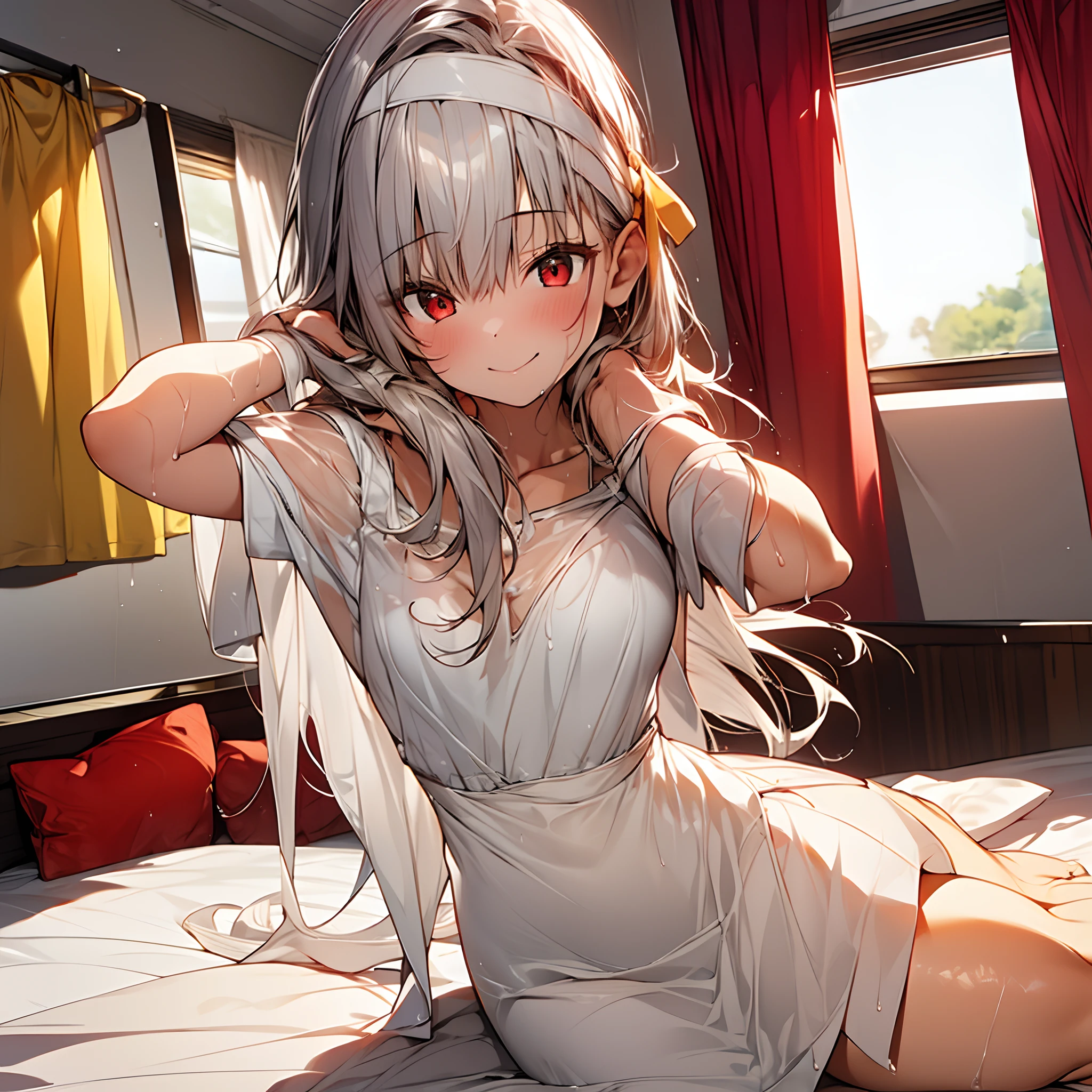 1 girl, tie up hair, Straight left side swept hair, long white hair, red eyes, innocent smile, wear long white shirt cover the leg, white undergarment, Yellow ribbon at the ear, girl room, on the bed, bare leg, wet cloth, headband, ultra sharp, 8k, spread legs, one side long hair, good arm, good hand, alone, 1 body, 1 head, 2 arms, 2 hands, 2 legs