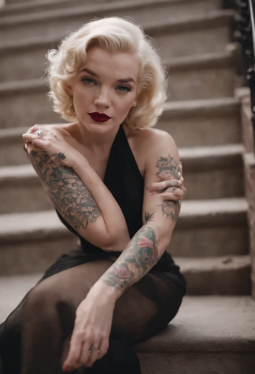Marilyn Monroe, with tattoos on her arms, sitting on a Brooklyn staircase, staring