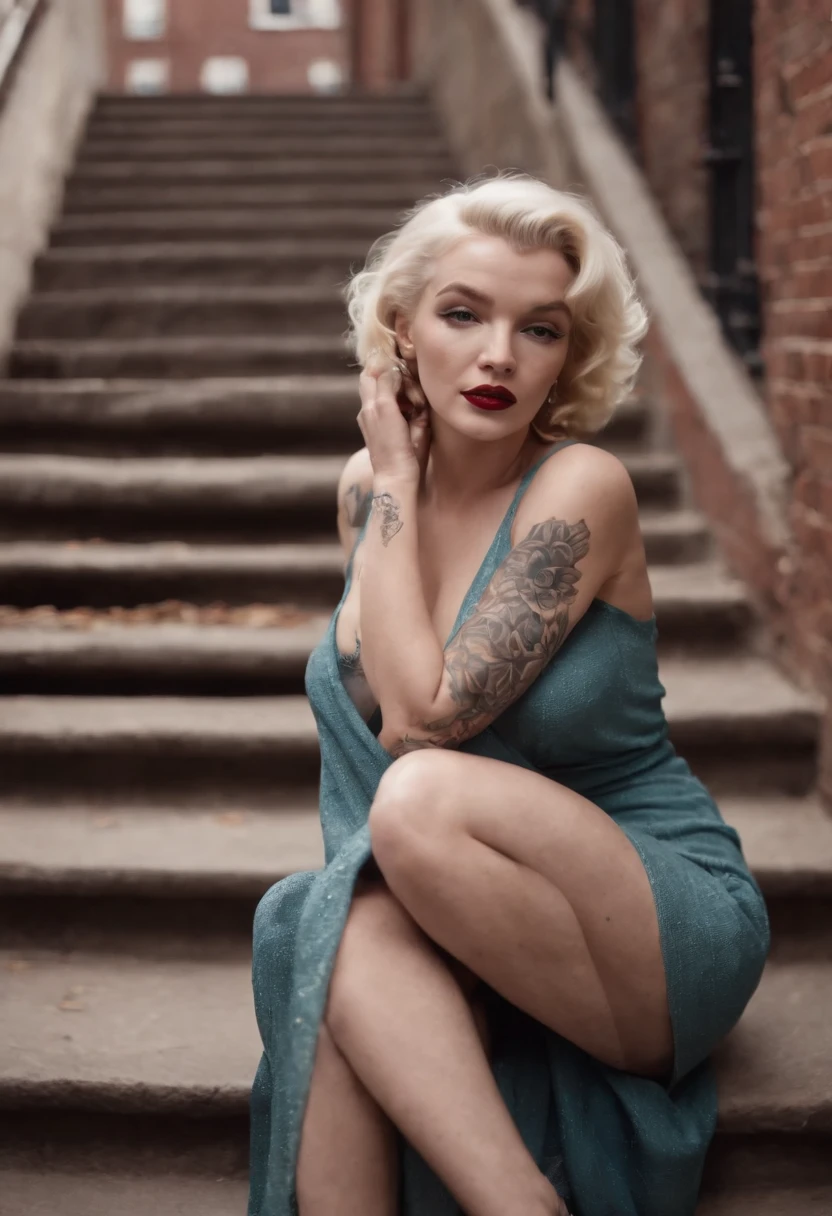 Marilyn Monroe, with tattoos on her arms, sitting on a Brooklyn staircase, staring
