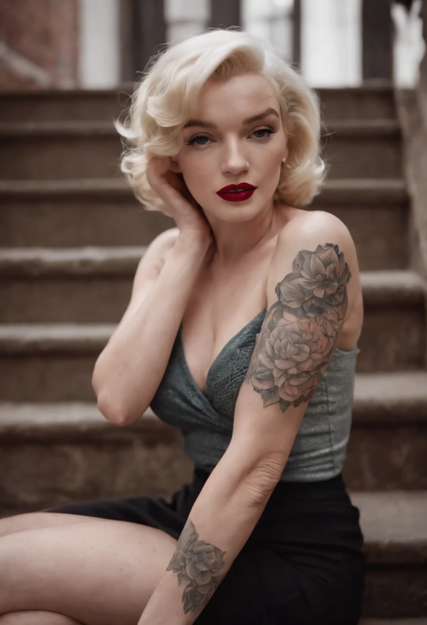 Marilyn Monroe, with tattoos on her arms, sitting on a Brooklyn staircase, staring
