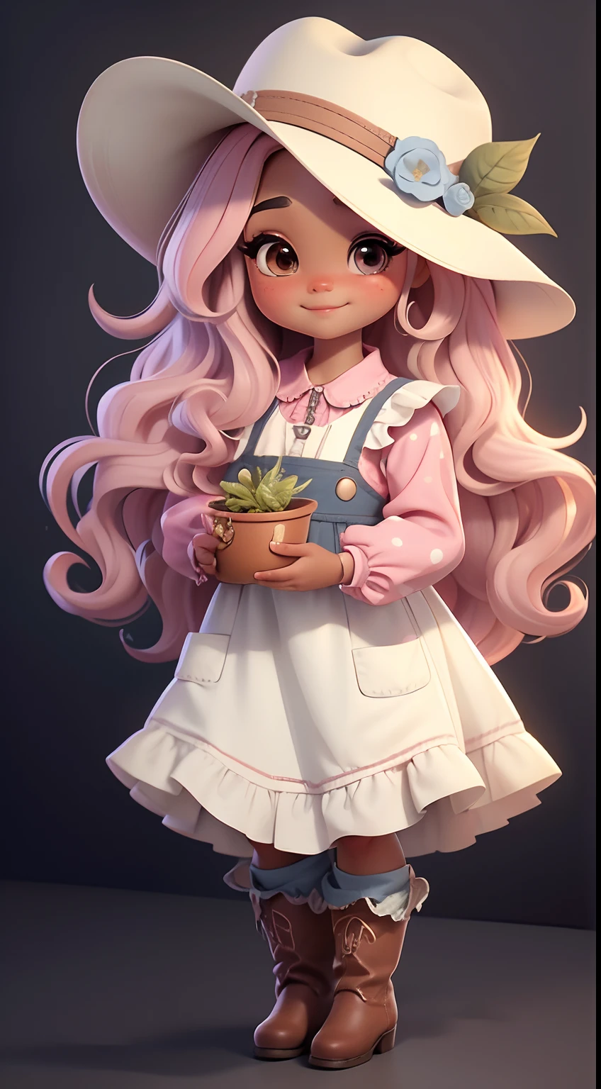 Create a series of dolls afro black skin chibi style cute baby with a cute cowgirl theme, each with lots of detail and in an 8K resolution. All dolls should follow the same solid background pattern and be complete in the image, mostrando o (corpo inteiro, incluindo as pernas: 1.5)
Boneca cowgirl: Chame-a de Mia. She should have medium wavy mixed hair. Seus olhos devem ser grandes e curiosos, with long eyelashes and slightly pinkish cheeks. Mia should be dressed in a delicate jumpsuit, cowboy boot and a polka dot blouse and a cowboy hat is cute. She must hold farm accessories. Add details like pockets and ruffles to the apron to make it even more charming, sapato bonito
Certifique-se de adicionar sombras, texturas e detalhes nos cabelos, roupas, Cute cowboy utensils, to make them even more adorable and charming.